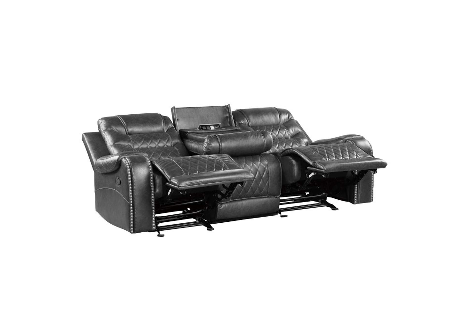 Putnam Double Reclining Sofa with Center Drop-Down Cup Holders, Receptacles and USB Ports,Homelegance