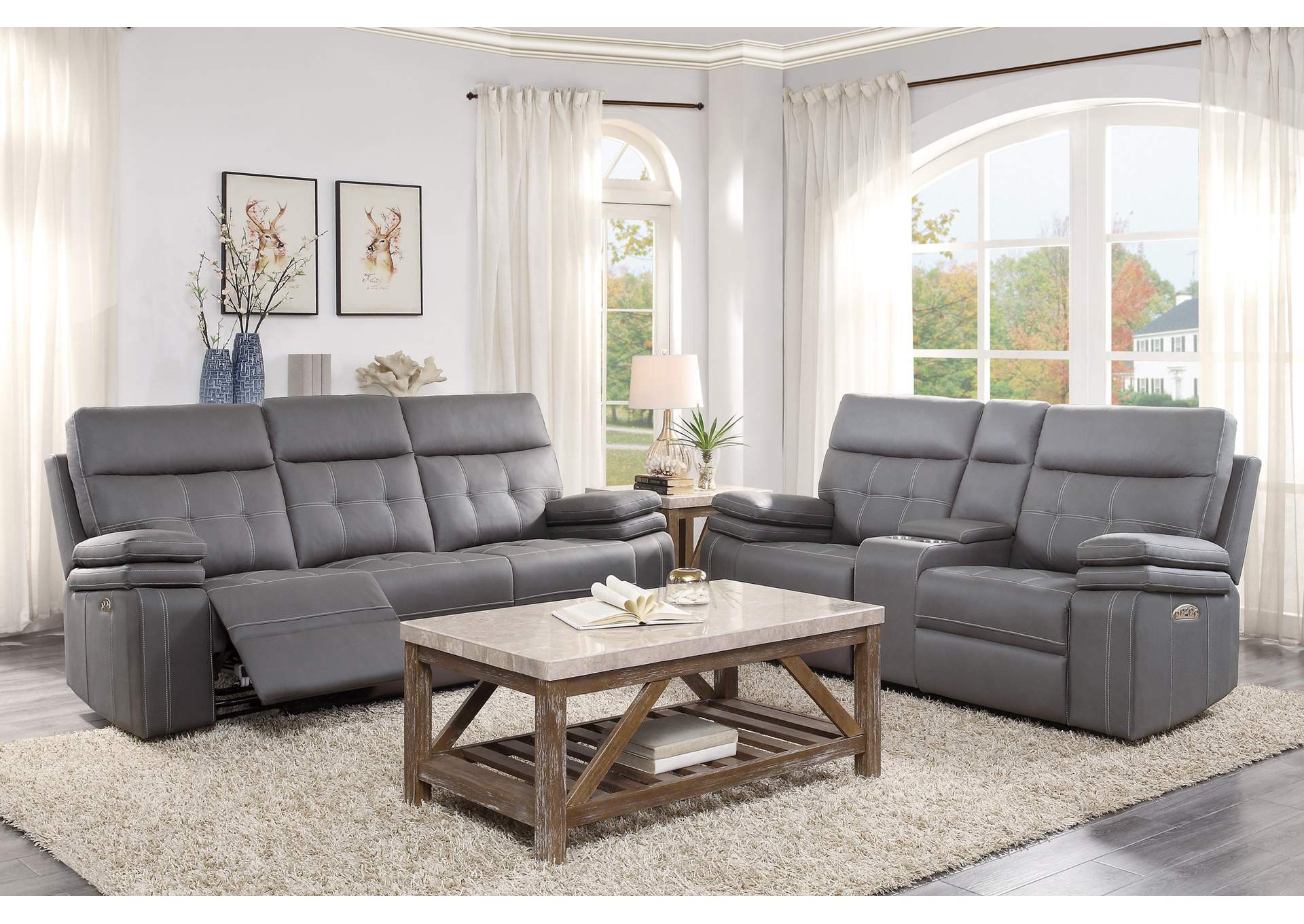 Gray Power Double Reclining Love Seat with Center Console and Power Headrests, USB Port,Homelegance