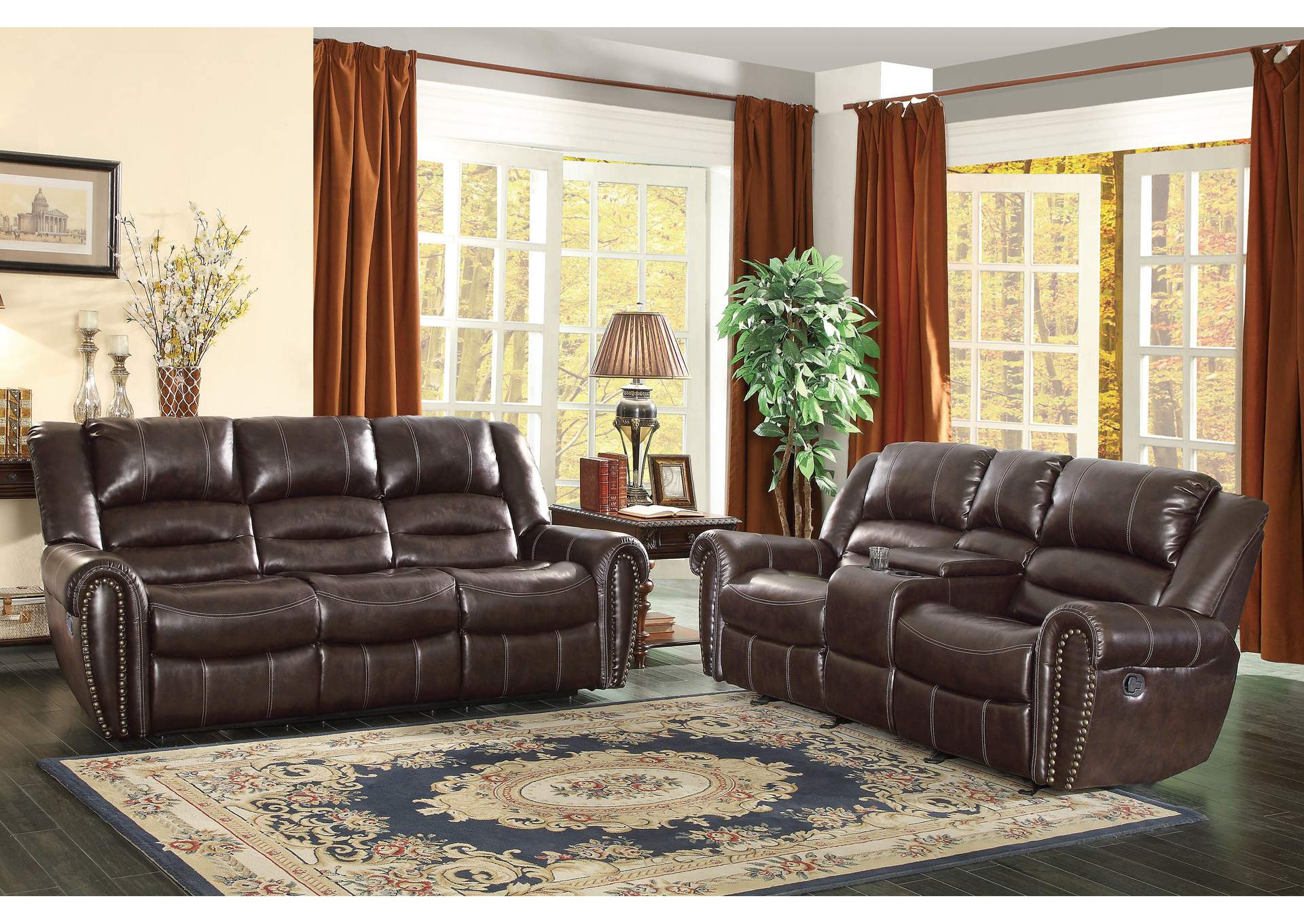 Brown Double Glider Reclining Love Seat with Center Console,Homelegance