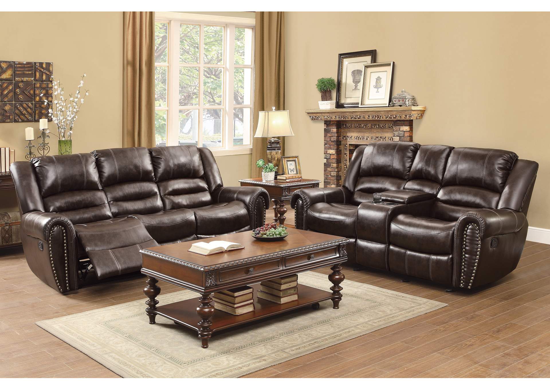 Brown Double Glider Reclining Love Seat with Center Console,Homelegance