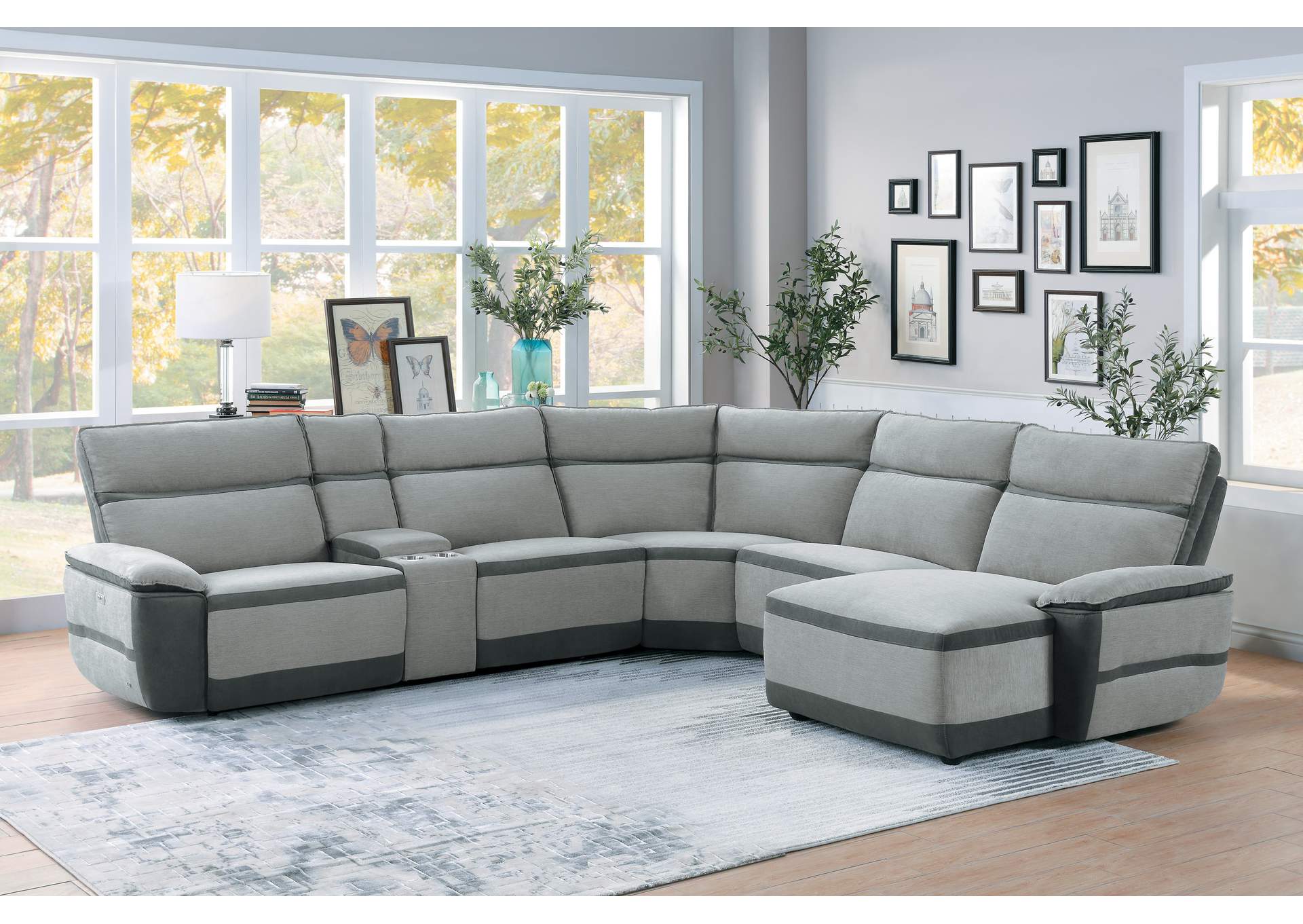 Gray 6-Piece Modular Power Reclining Sectional with Power Headrest and Right Chaise,Homelegance