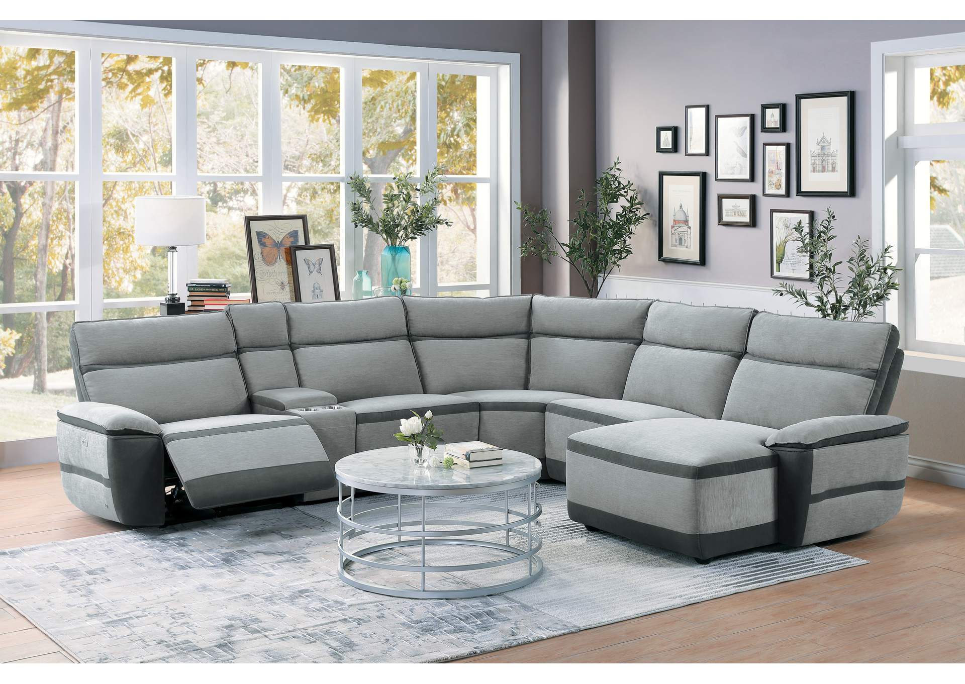 Gray 6-Piece Modular Power Reclining Sectional with Power Headrest and Right Chaise,Homelegance