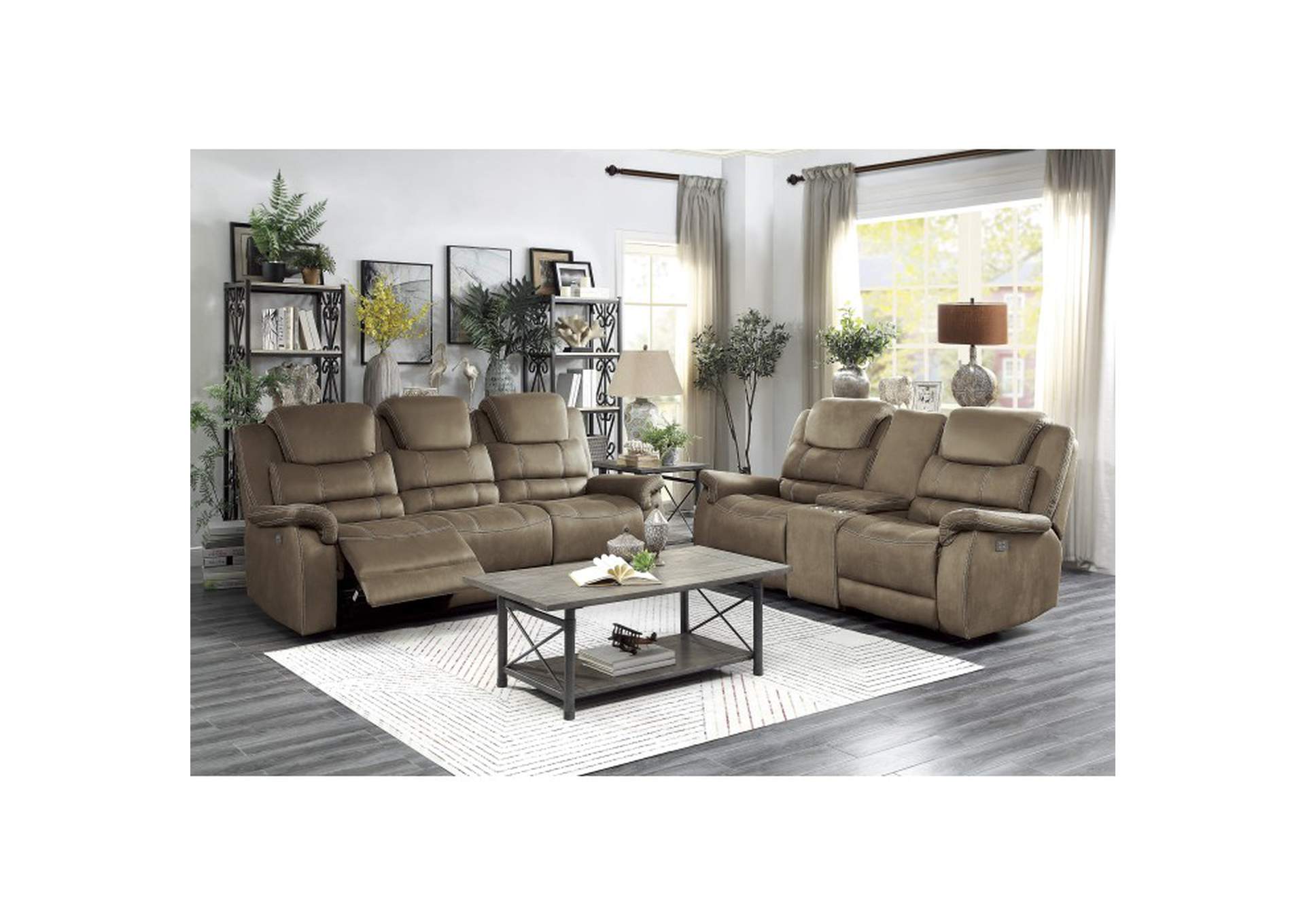 Shola Power Double Reclining Sofa with Power Headrests, Drop-Down Cup Holders, Receptacles and USB Ports,Homelegance