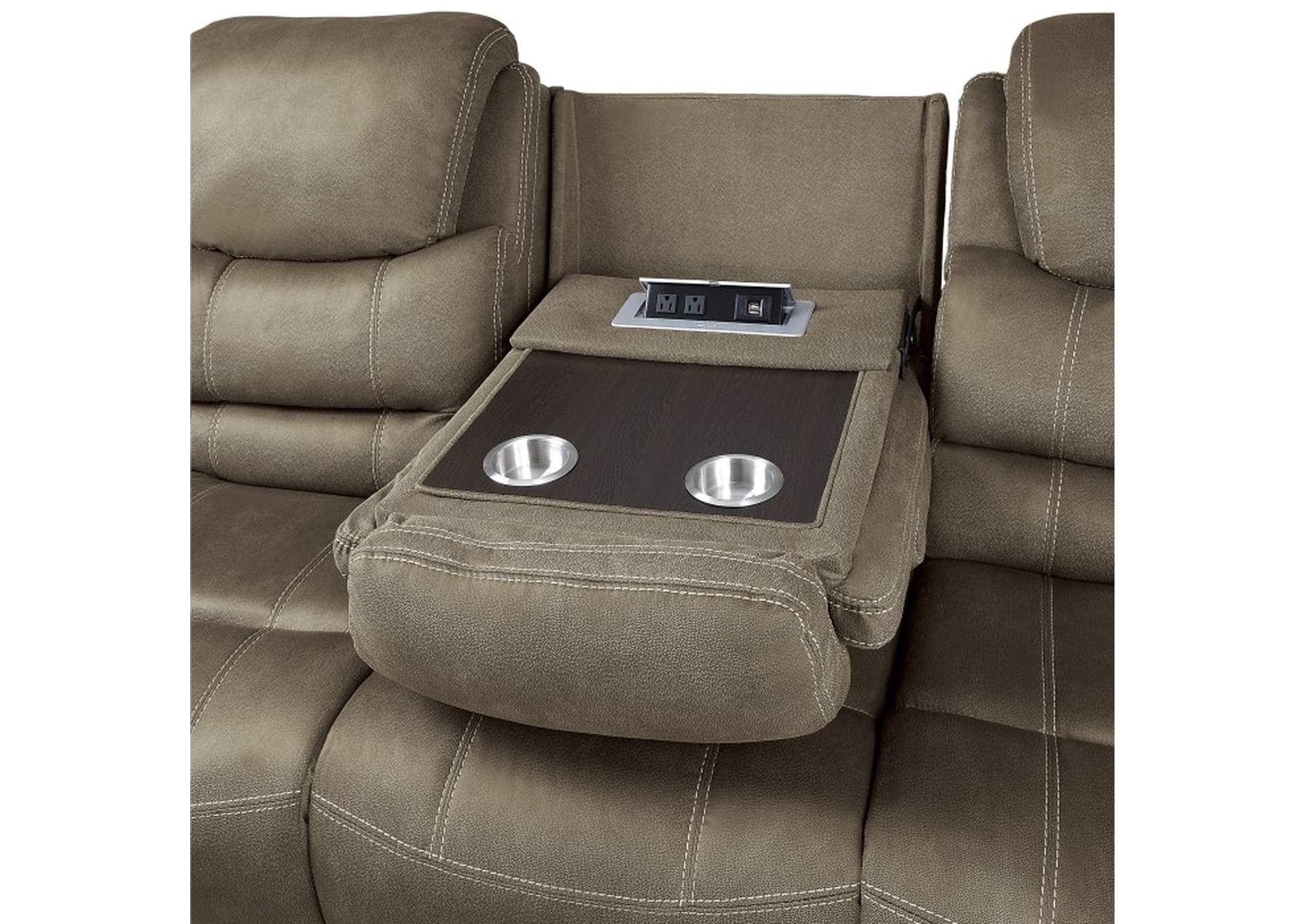 Shola Power Double Reclining Sofa with Power Headrests, Drop-Down Cup Holders, Receptacles and USB Ports,Homelegance