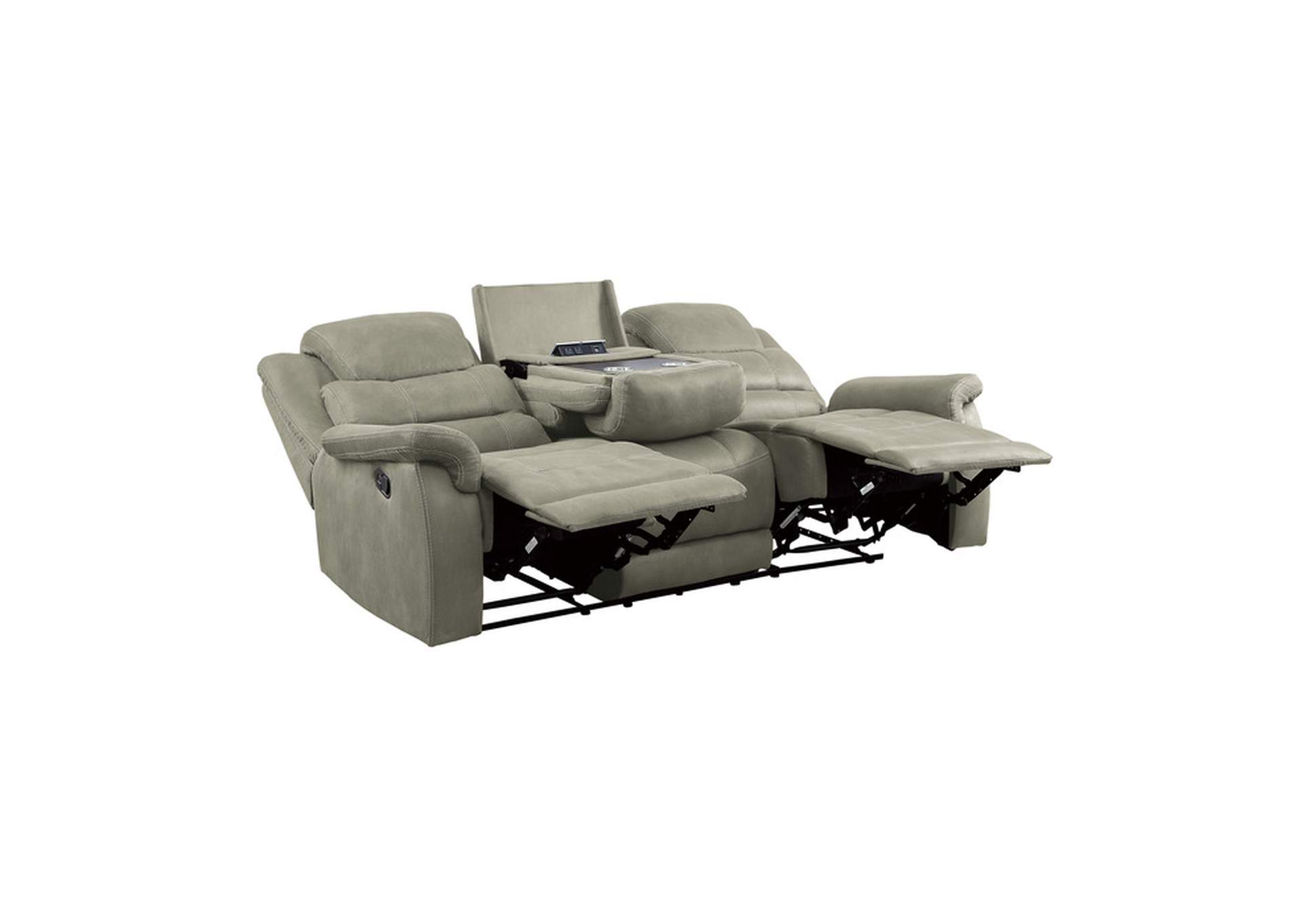Shola Double Reclining Sofa with Center Drop-Down Cup Holders, Receptacles and USB Ports,Homelegance