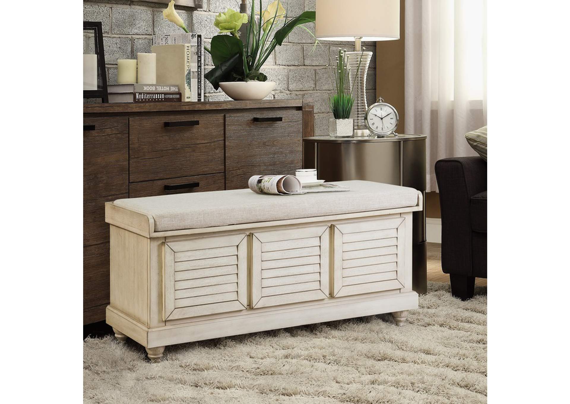 Wht Wood+Beige Cushion Strage Bench W/Lift Top,3A,Homelegance