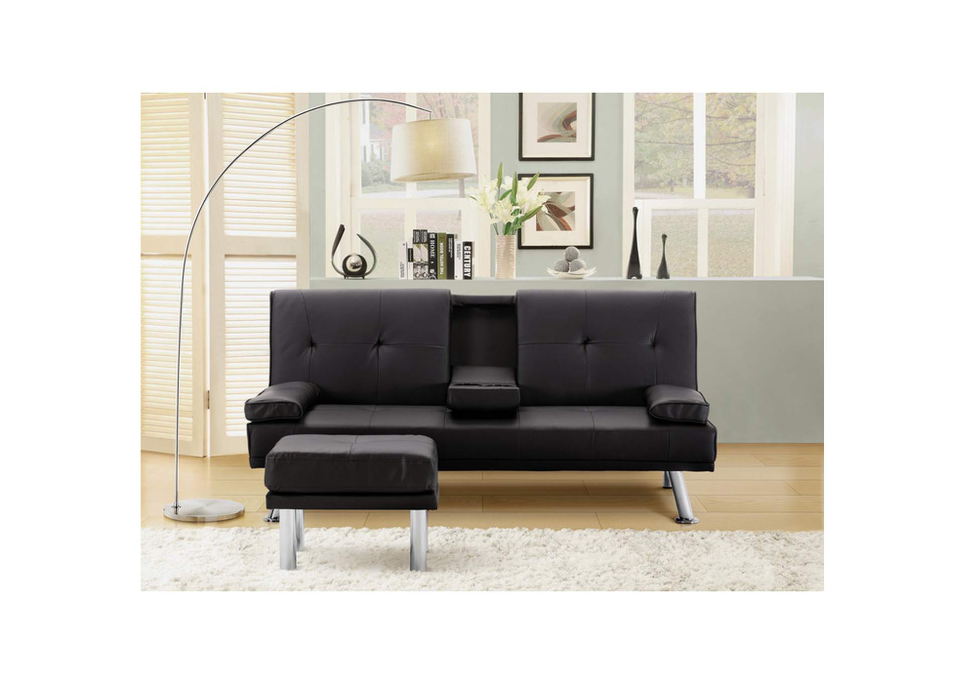 Futons & Click-Clacks Black Faux Leather Click Clack W/Ottoman, Black Faux Leather,Homelegance