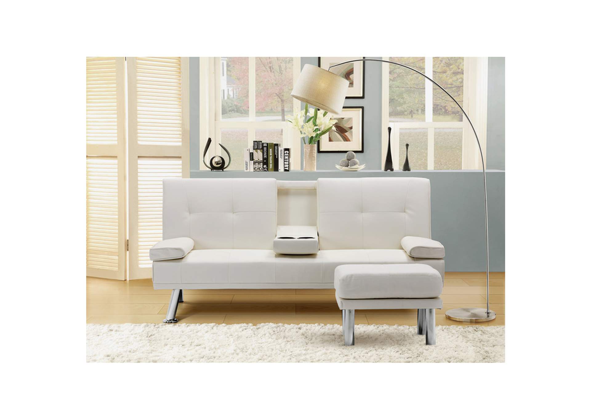 Futons & Click-Clacks White Faux Leather Click Clack W/Ottoman, White Faux Leather,Homelegance