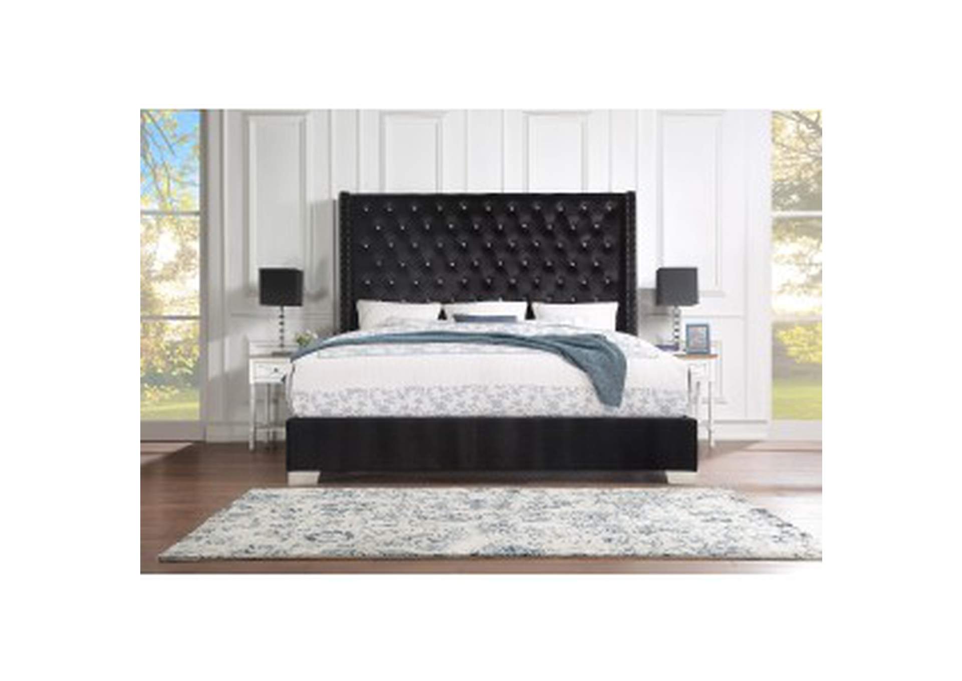 Black Uphl Velvet Qn Bed, Black,Homelegance