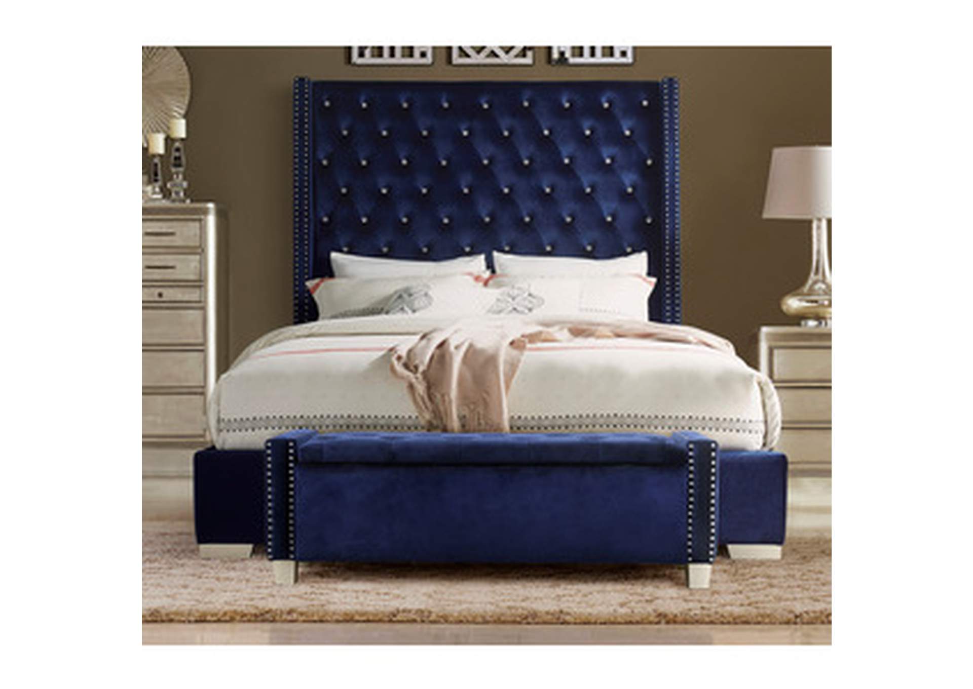 Blue Velvet Storage Bench With Blue Velvet,3A,Homelegance