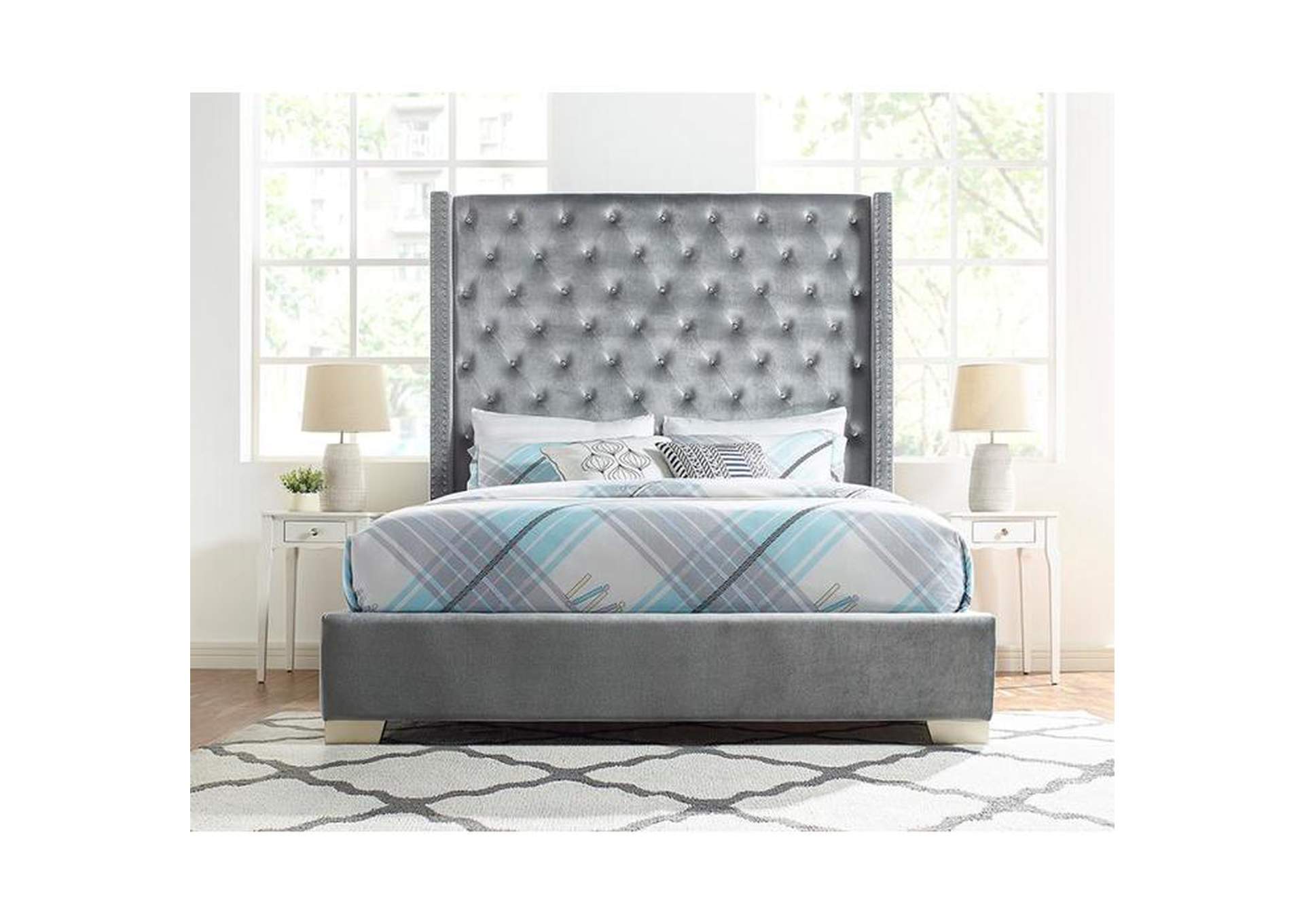Upholstered Velvet Queen Headboard, Gray,Homelegance