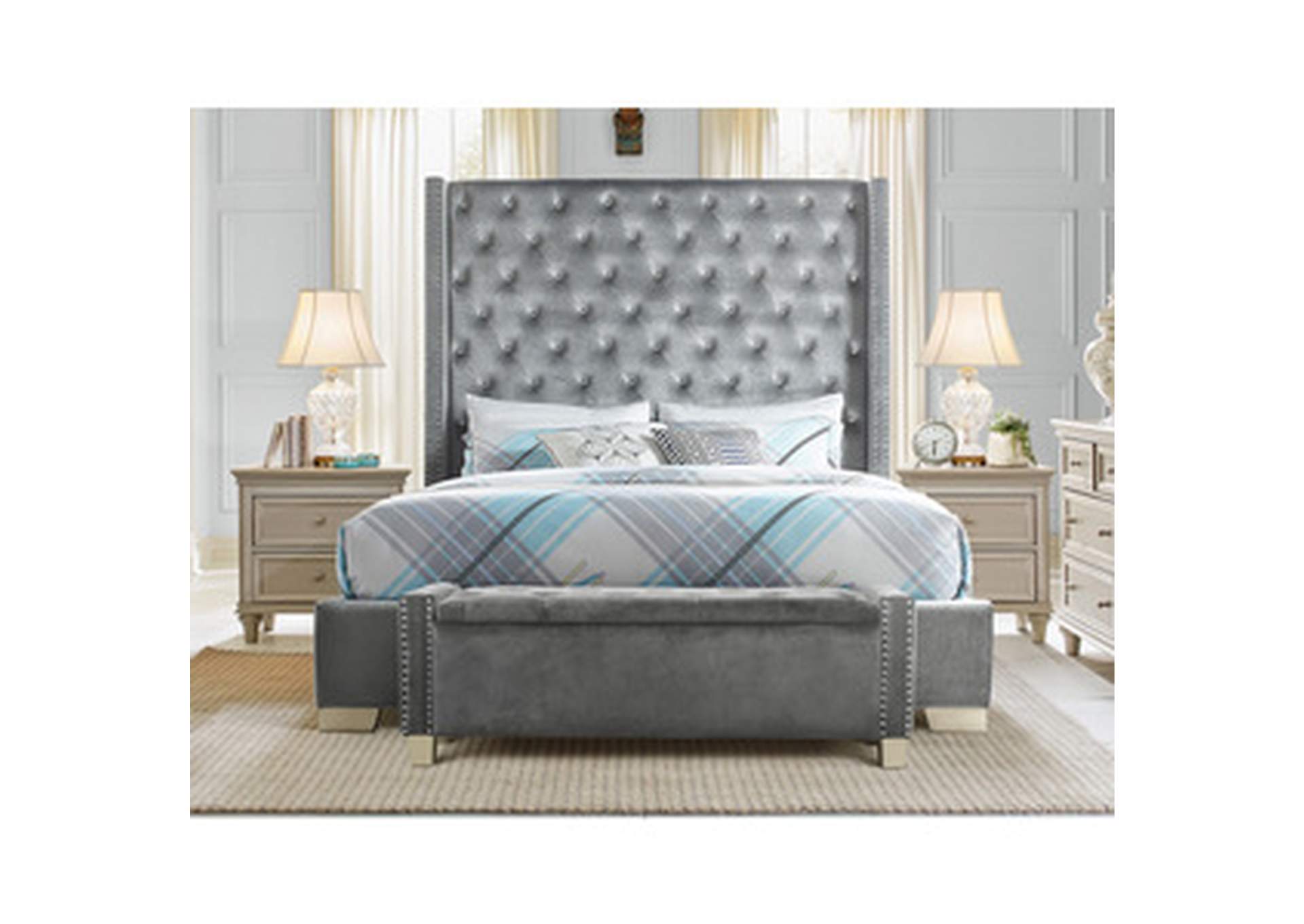 Grey Velvet Storage Bench With Grey Velvet,3A,Homelegance