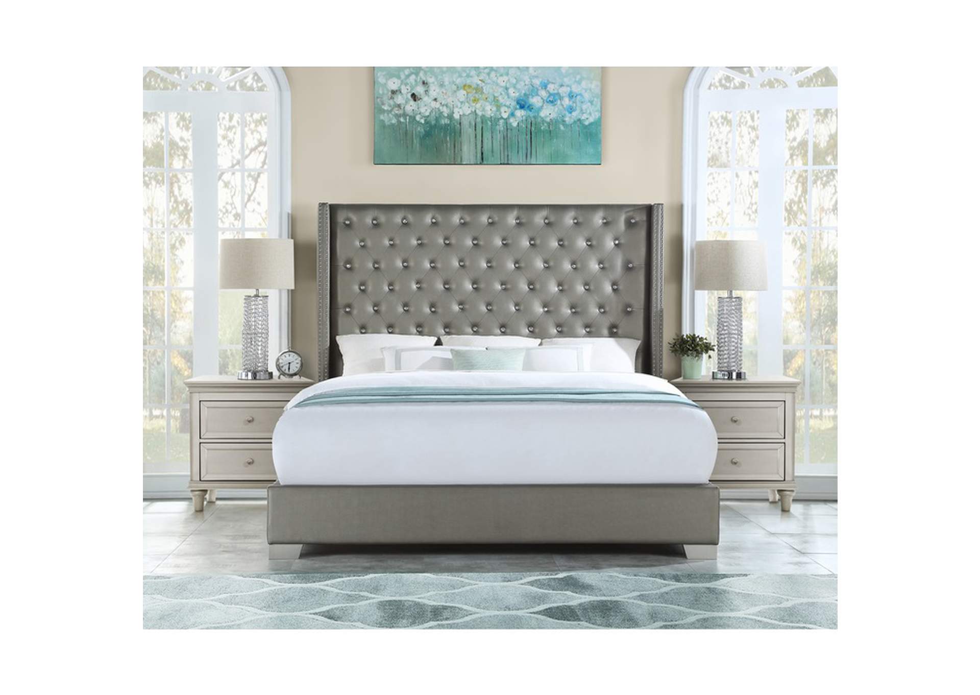 Silver Uphl Pu Ek Bed, Silver,Homelegance