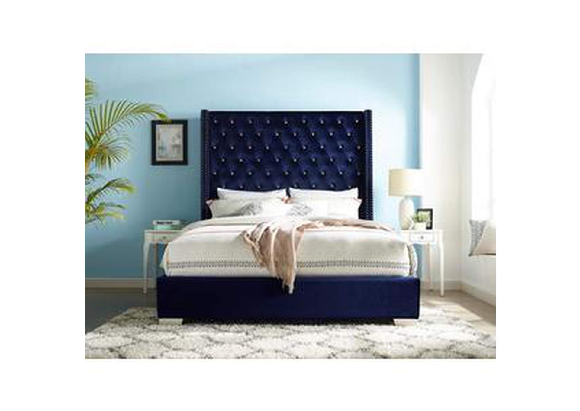 Blue Uphl Velvet Ek Bed, Blue,Homelegance