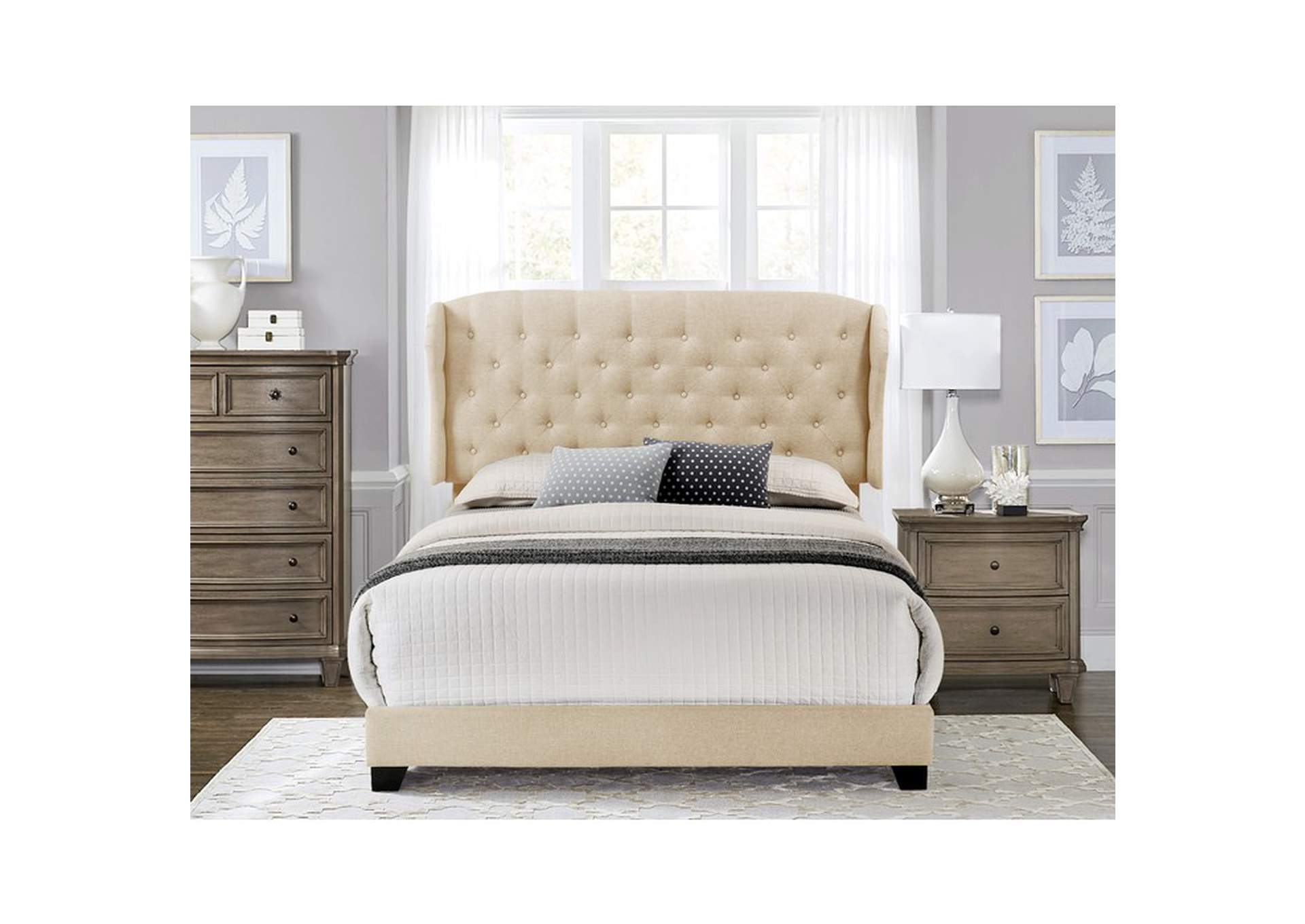 Beige Fabric Queen Bed W/Beige Fabric,Homelegance