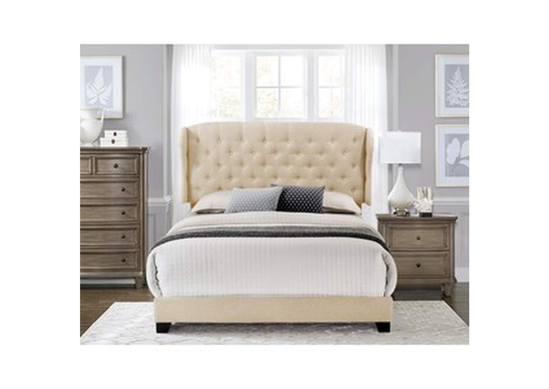 Beige Fabric Queen Bed W/Beige Fabric,Homelegance