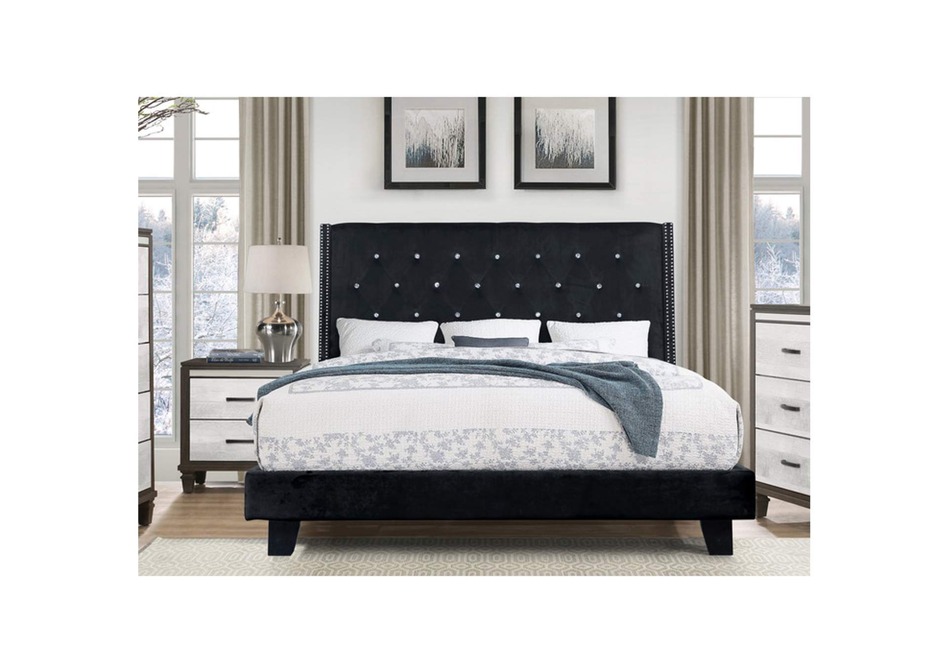 Black King Platform Bed With Black Velvet,Homelegance