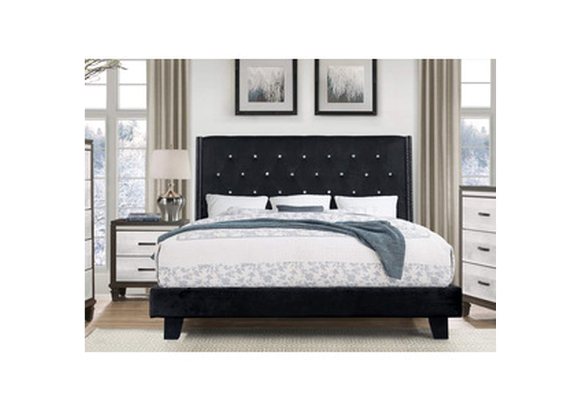 Black King Platform Bed With Black Velvet,Homelegance