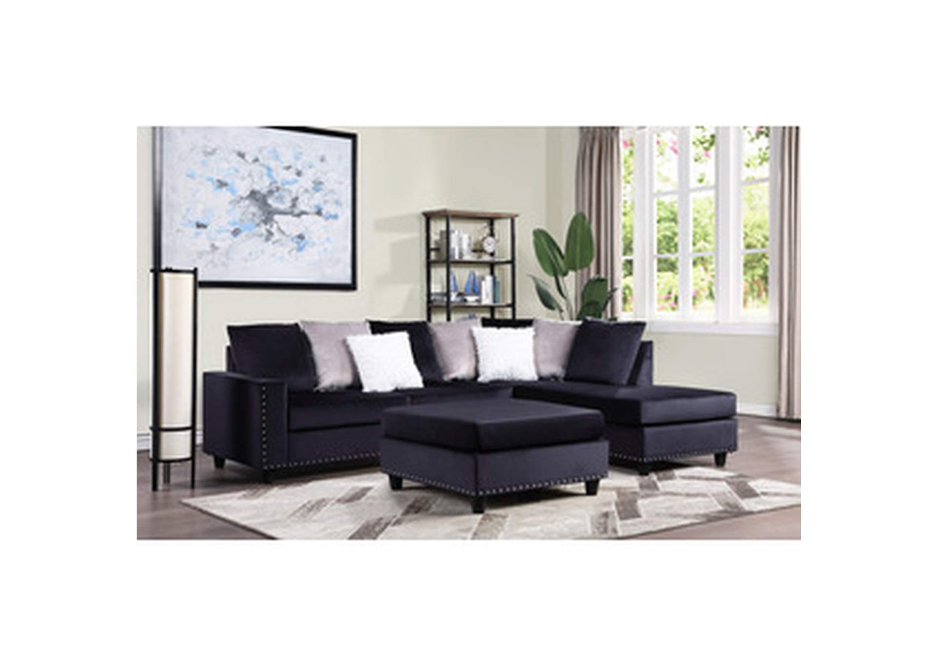 Sectionals Black Velvet 2-Piece Reversible Sectional, Black Velvet,Homelegance
