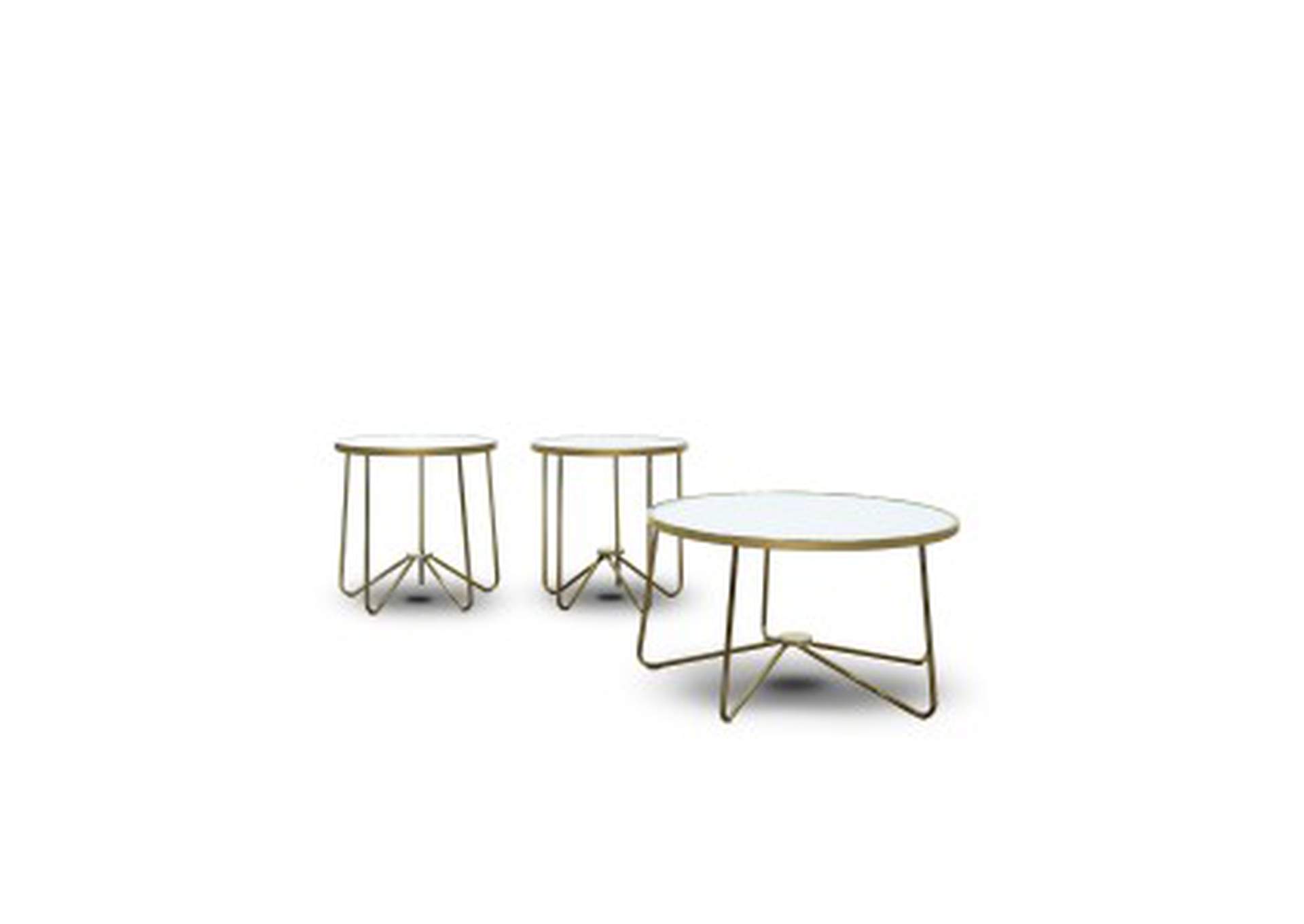 Cocktail Tables 3 Piece Occassional Table Set, White Glass Top W/ Champagne Leg,Homelegance