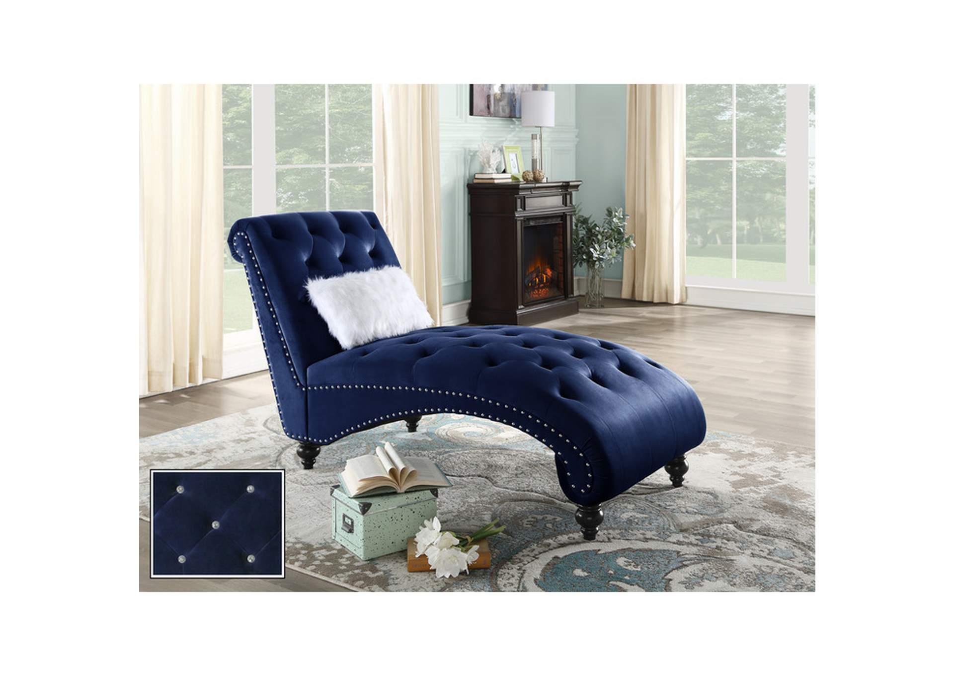 blue velvet Chaise Lounge Chr W/ Wht Pillw, Blue Velvet,Homelegance