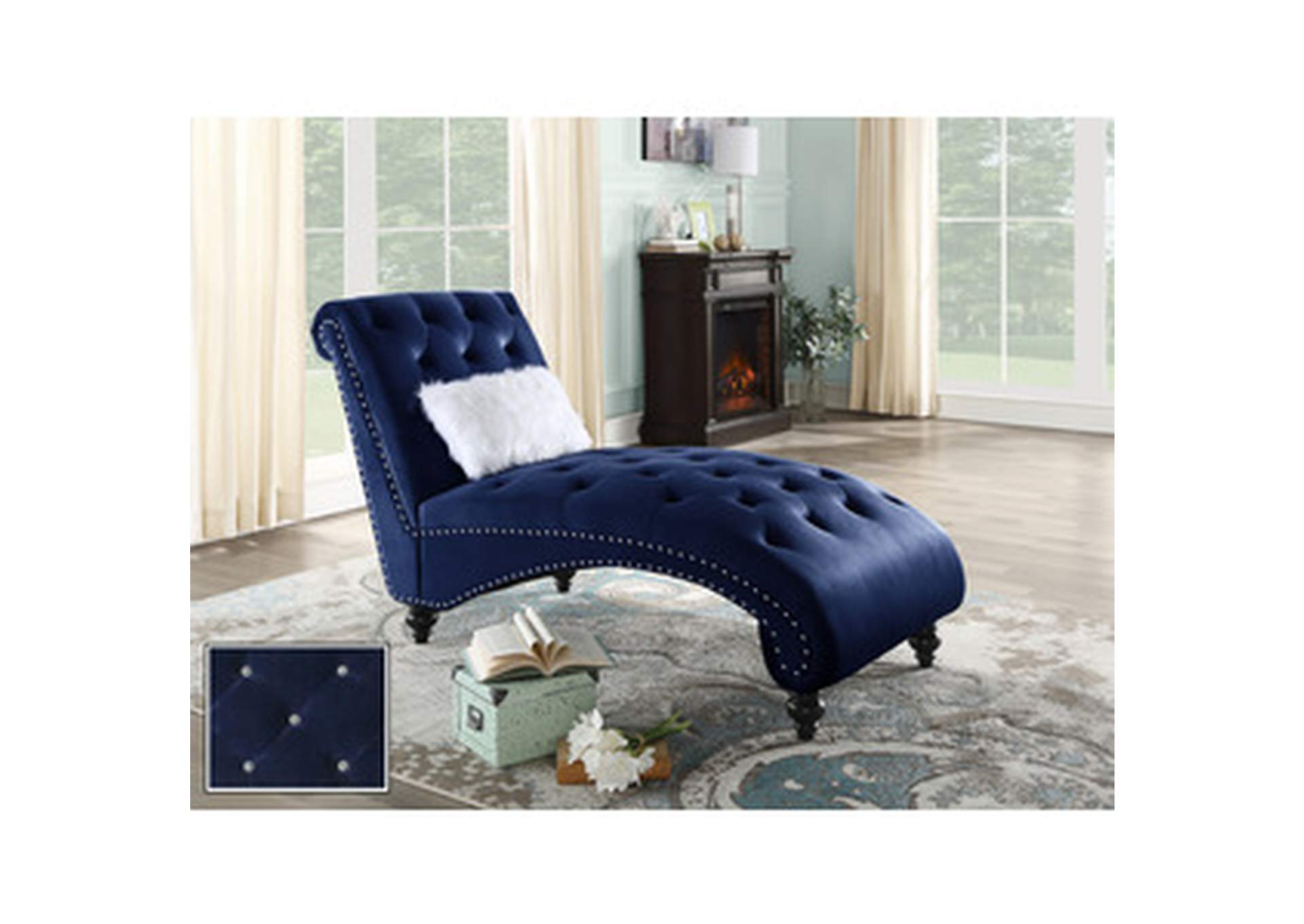 blue velvet Chaise Lounge Chr W/ Wht Pillw, Blue Velvet,Homelegance