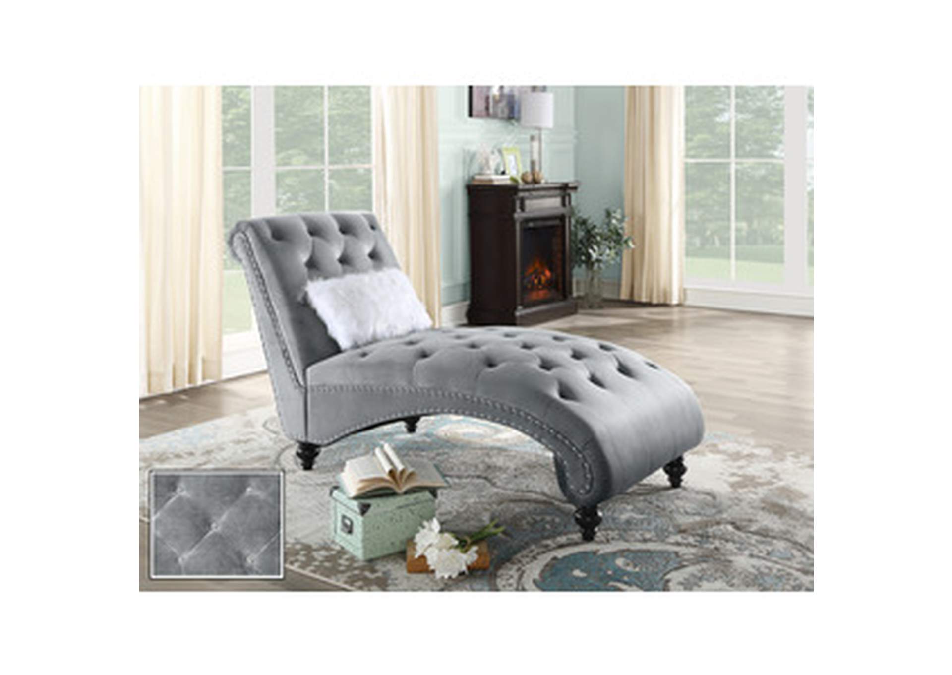 Grey Velvet Chaise Lounge Chr W/ Wht Pillw, Grey Velvet,Homelegance