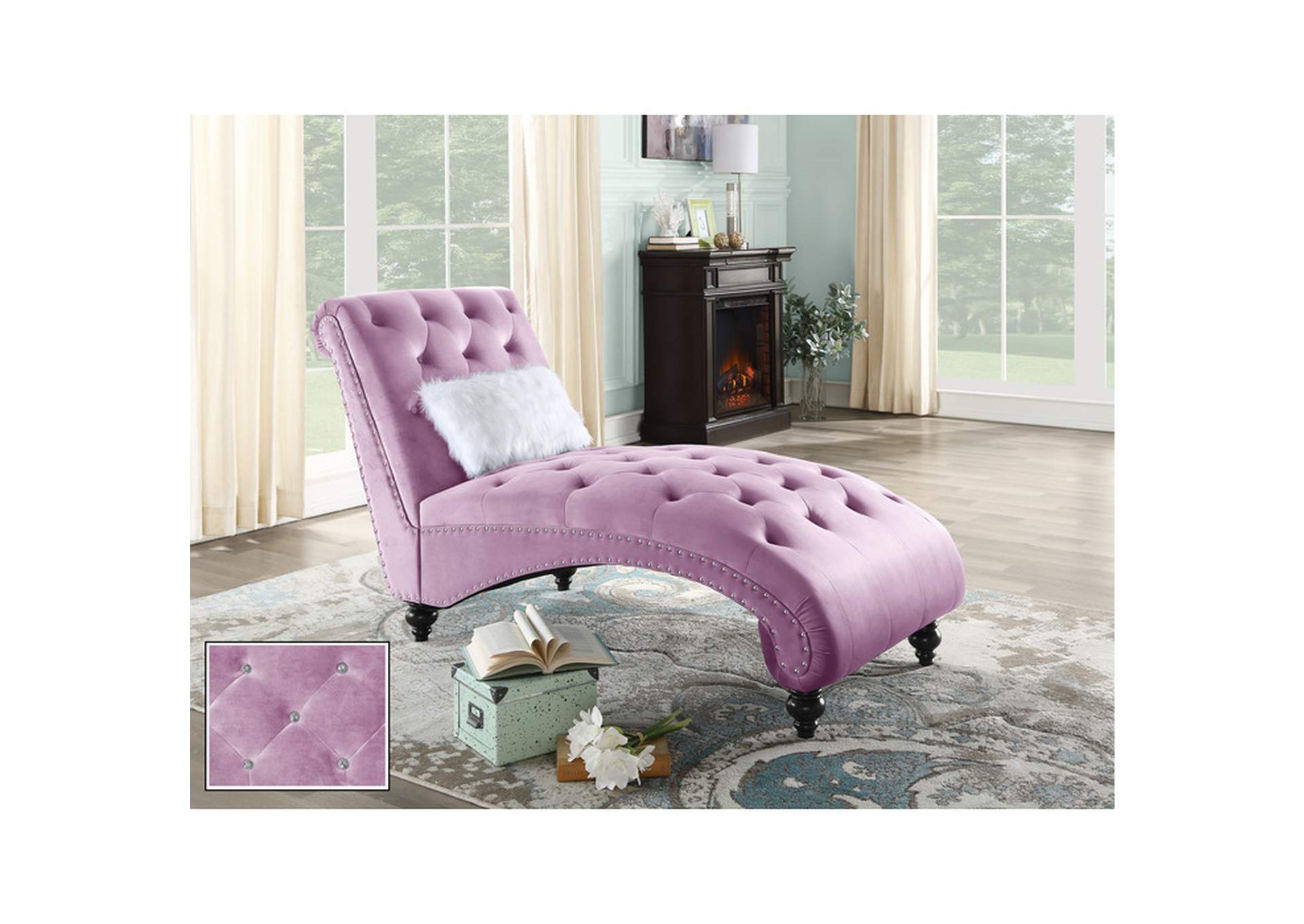 pink velvet Chaise Lounge Chr W/ Wht Pillw, Pink Velvet,Homelegance