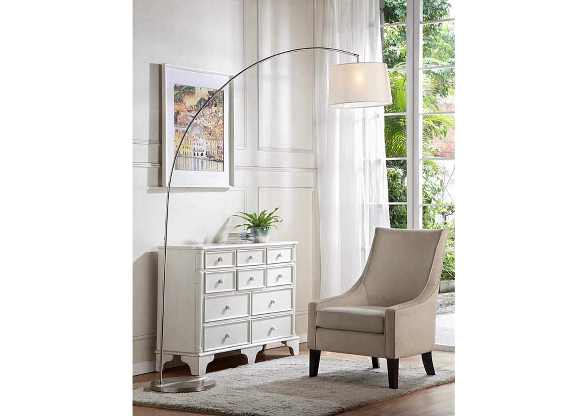 Floor Lamps Wht Shade 84.5" H Brushed Nickel Arch Flr Lamp, Wht Shade,Homelegance