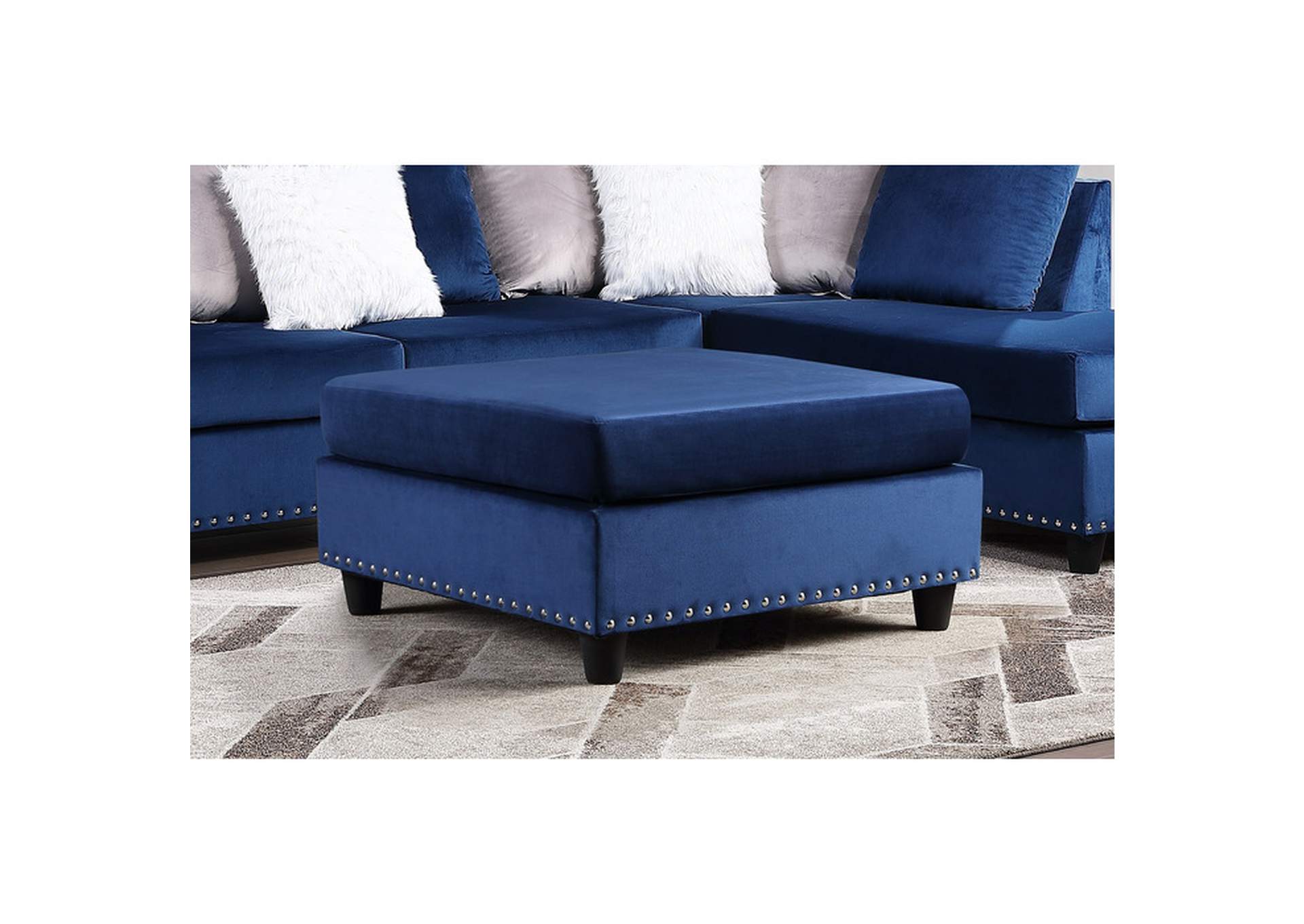 Blue Velvet Ottoman W/Blue Velvet W/Nailheads,Homelegance