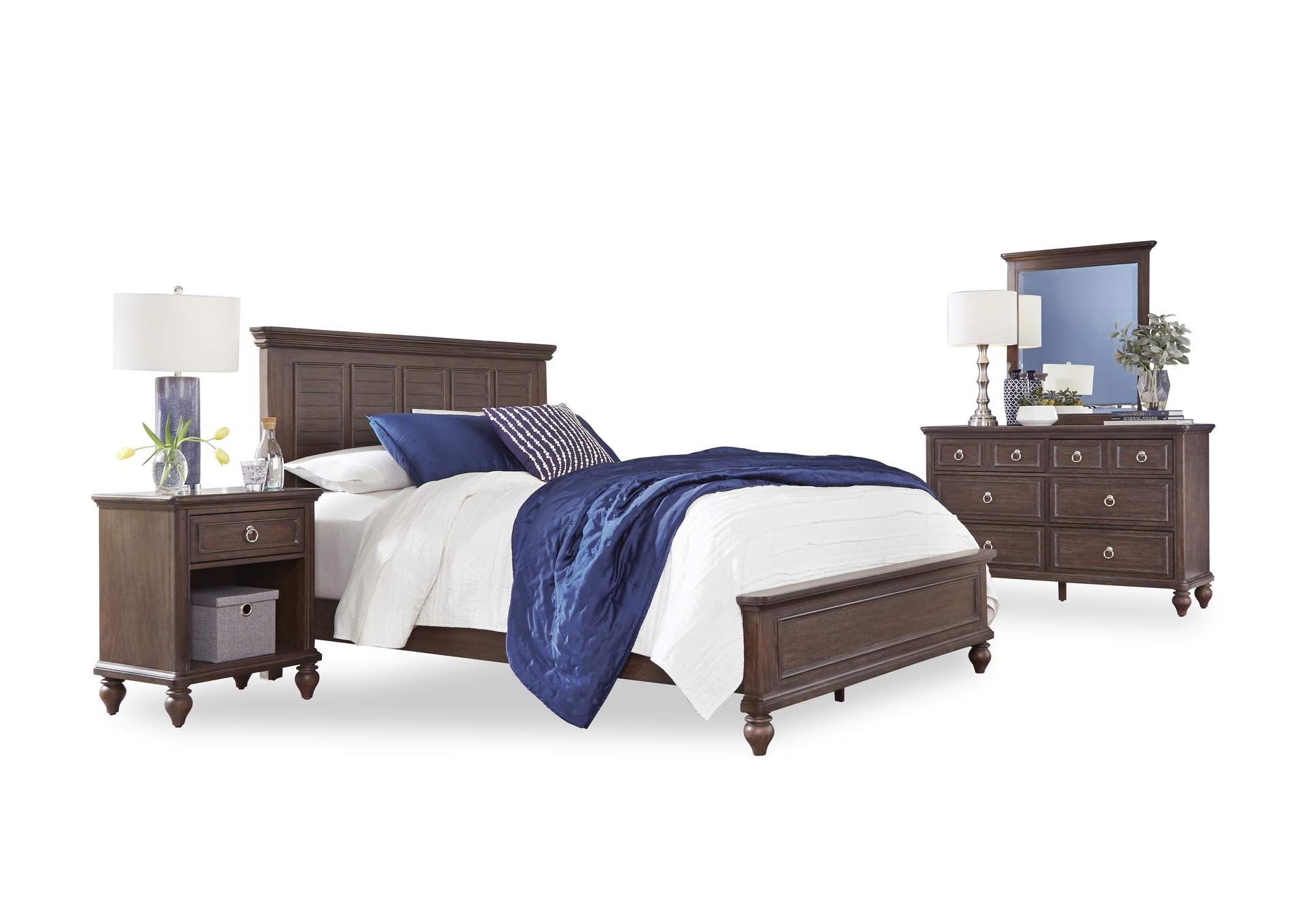 Marie Brown Queen Bed, Nightstand and Dresser with Mirror,Homestyles