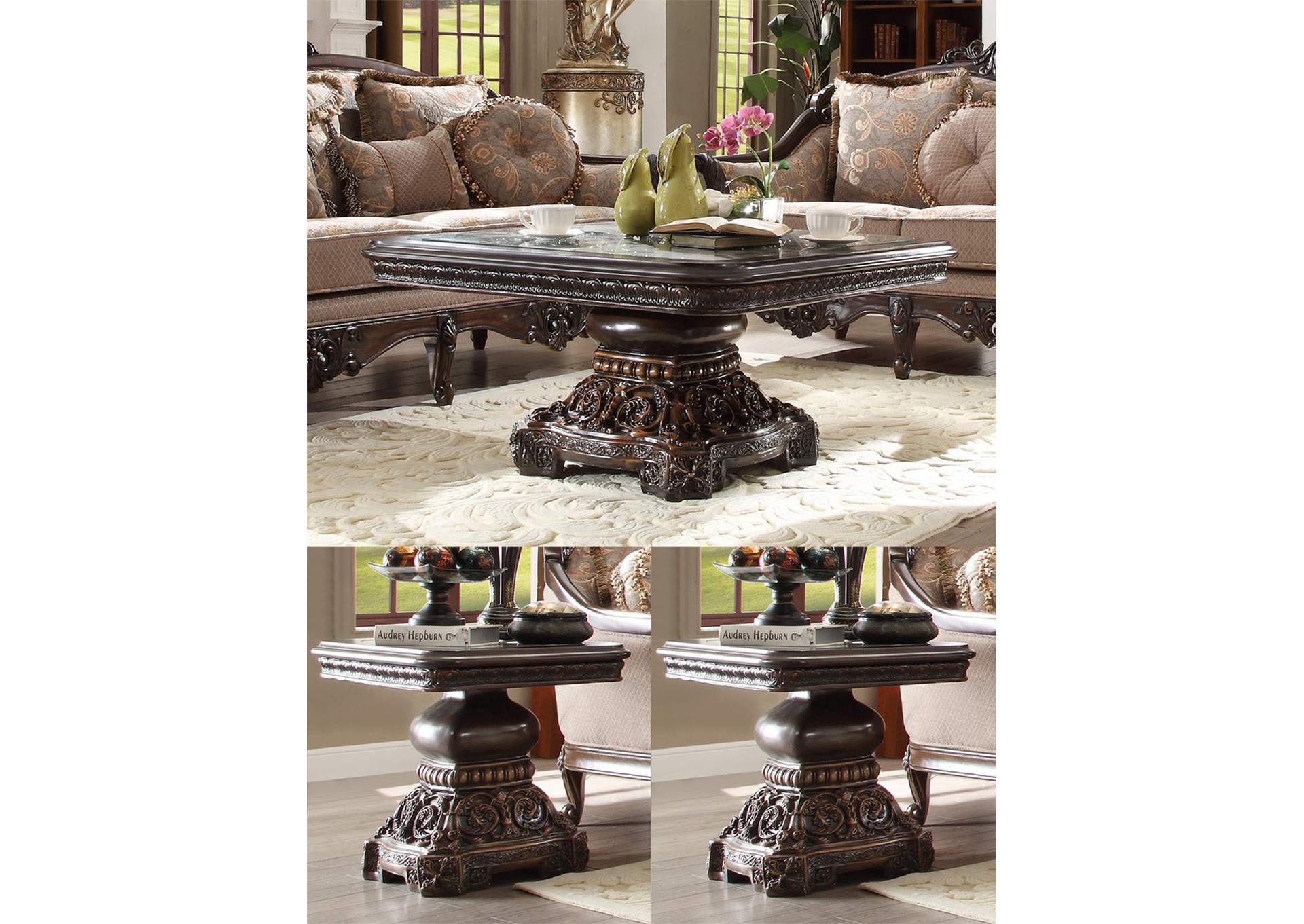 Dark Red Mahogany 3 Piece Coffee Table Set,Homey Design