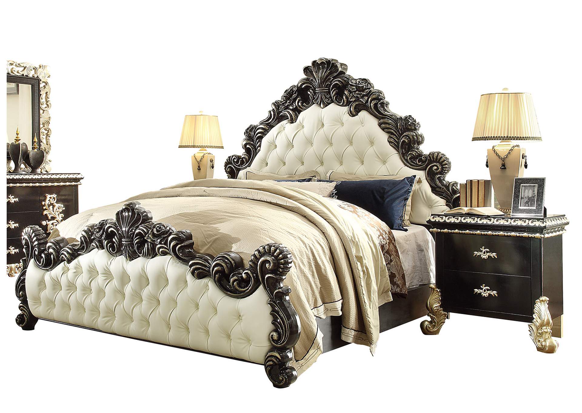 Ebony & Metallic Antique Silver Ek Bed With 2 Nightstands,Homey Design