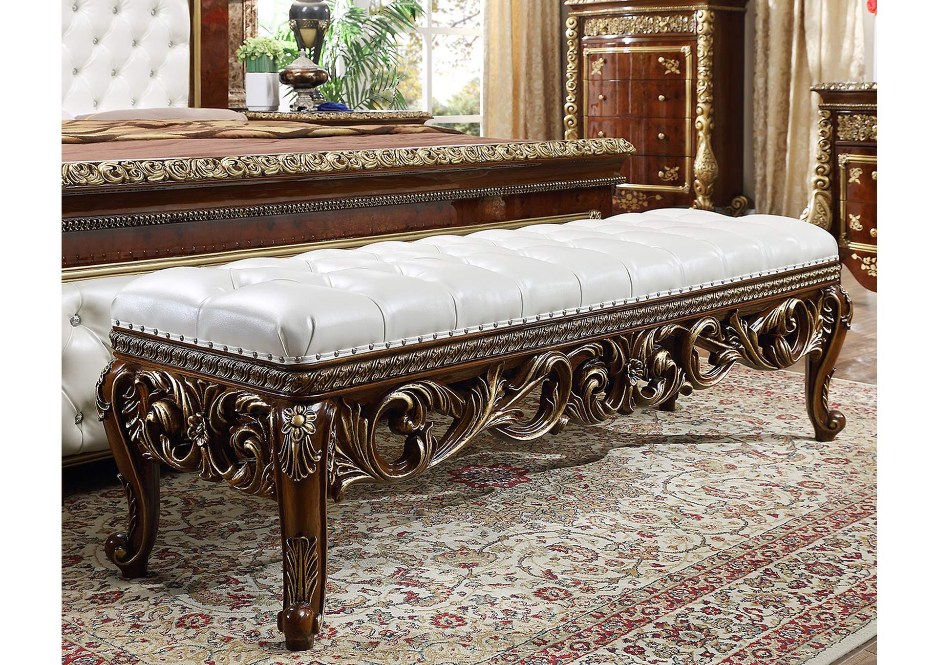 Burl & Metallic Antique Gold Bench,Homey Design