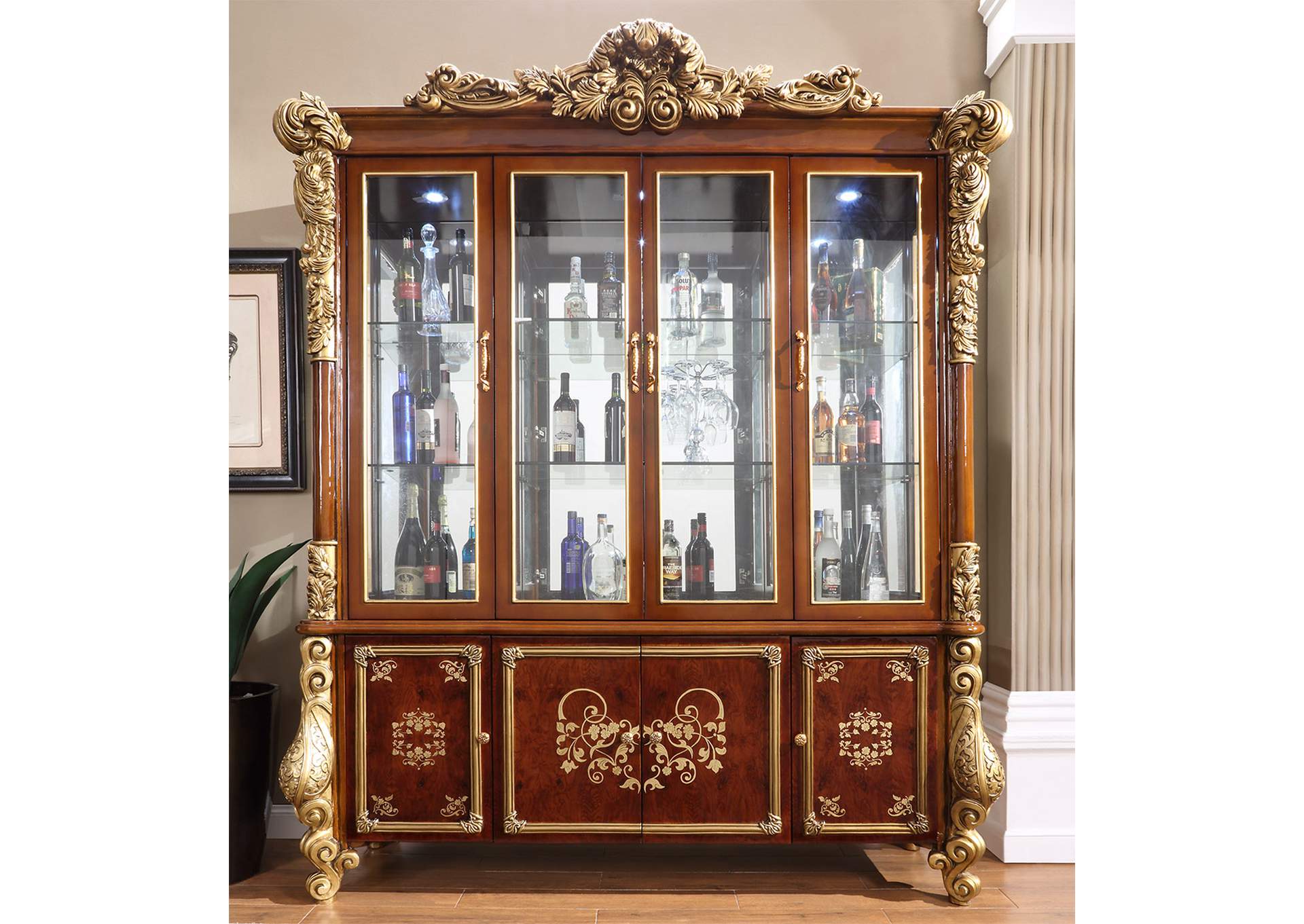 Burl & Metallic Antique Gold China Cabinet,Homey Design