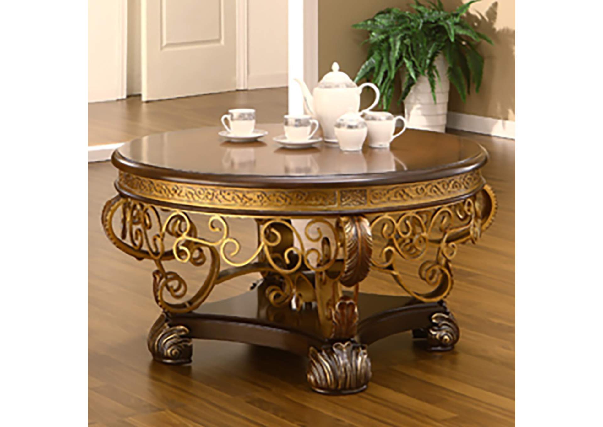 Mahogany & Metallic Gold Coffee Table,Homey Design