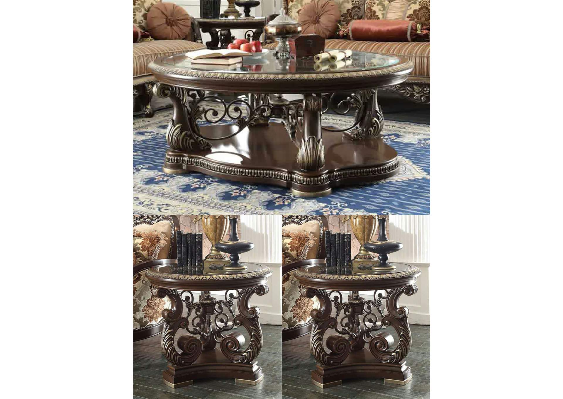 Brown Cherry 3 Piece Coffee Table Set,Homey Design