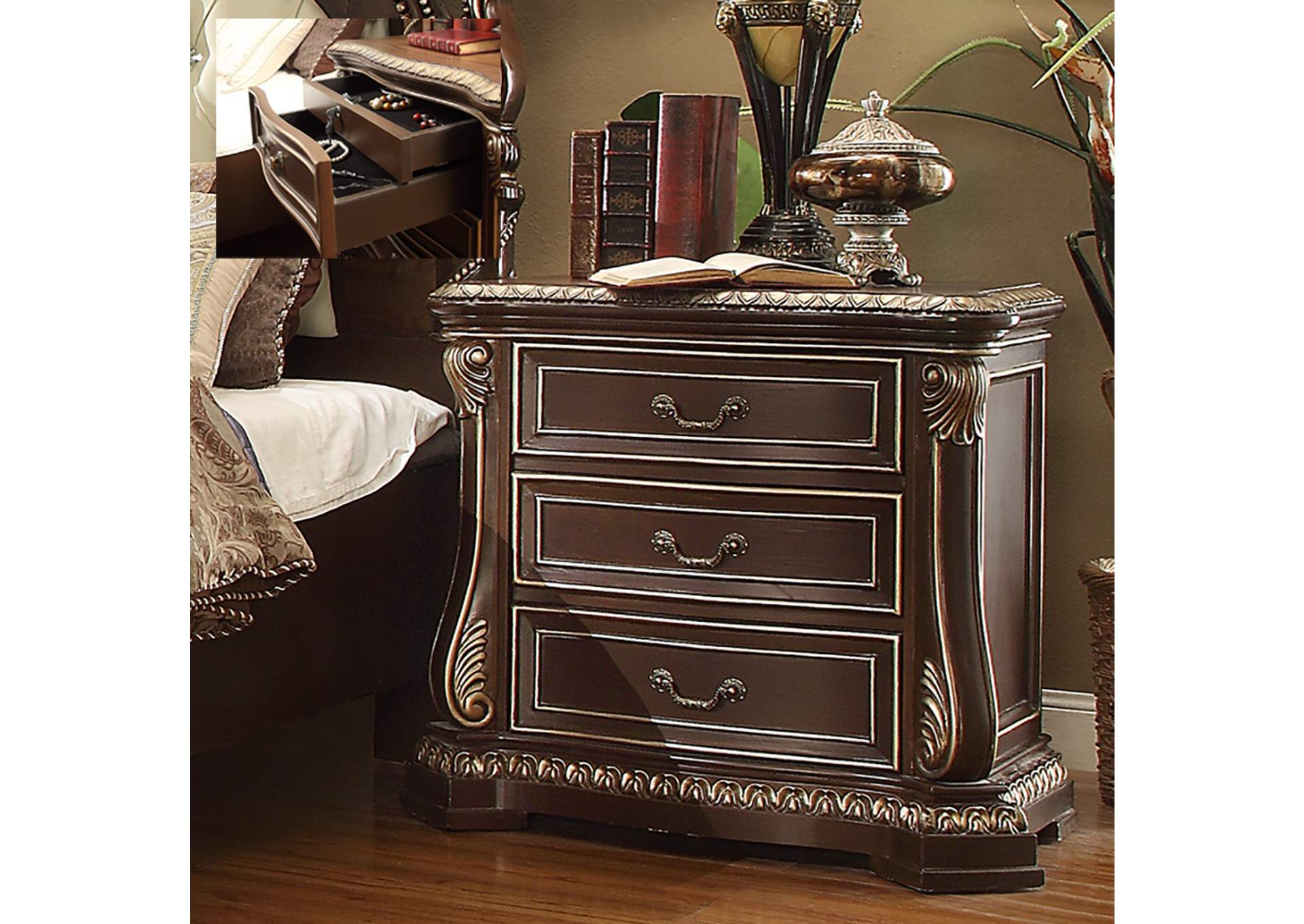 Brown Cherry & Silver Nightstand,Homey Design