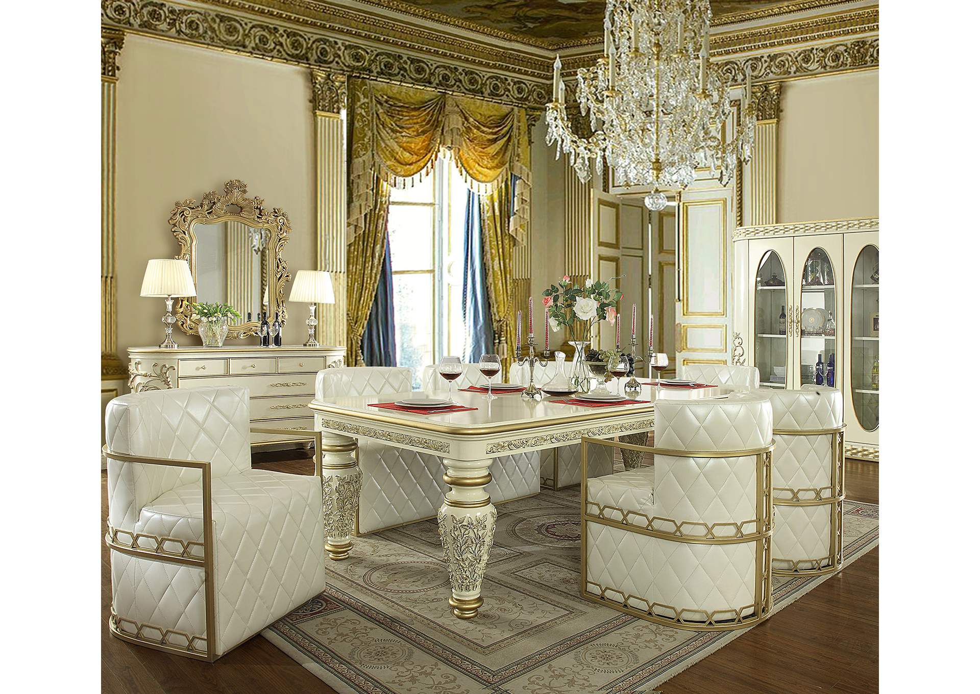 Ivory & Metallic Antique Gold 7 Piece Dining Set,Homey Design