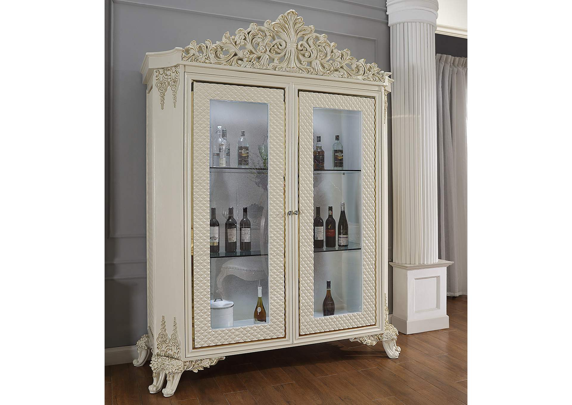 White Gloss & Gold Brush China Cabinet,Homey Design