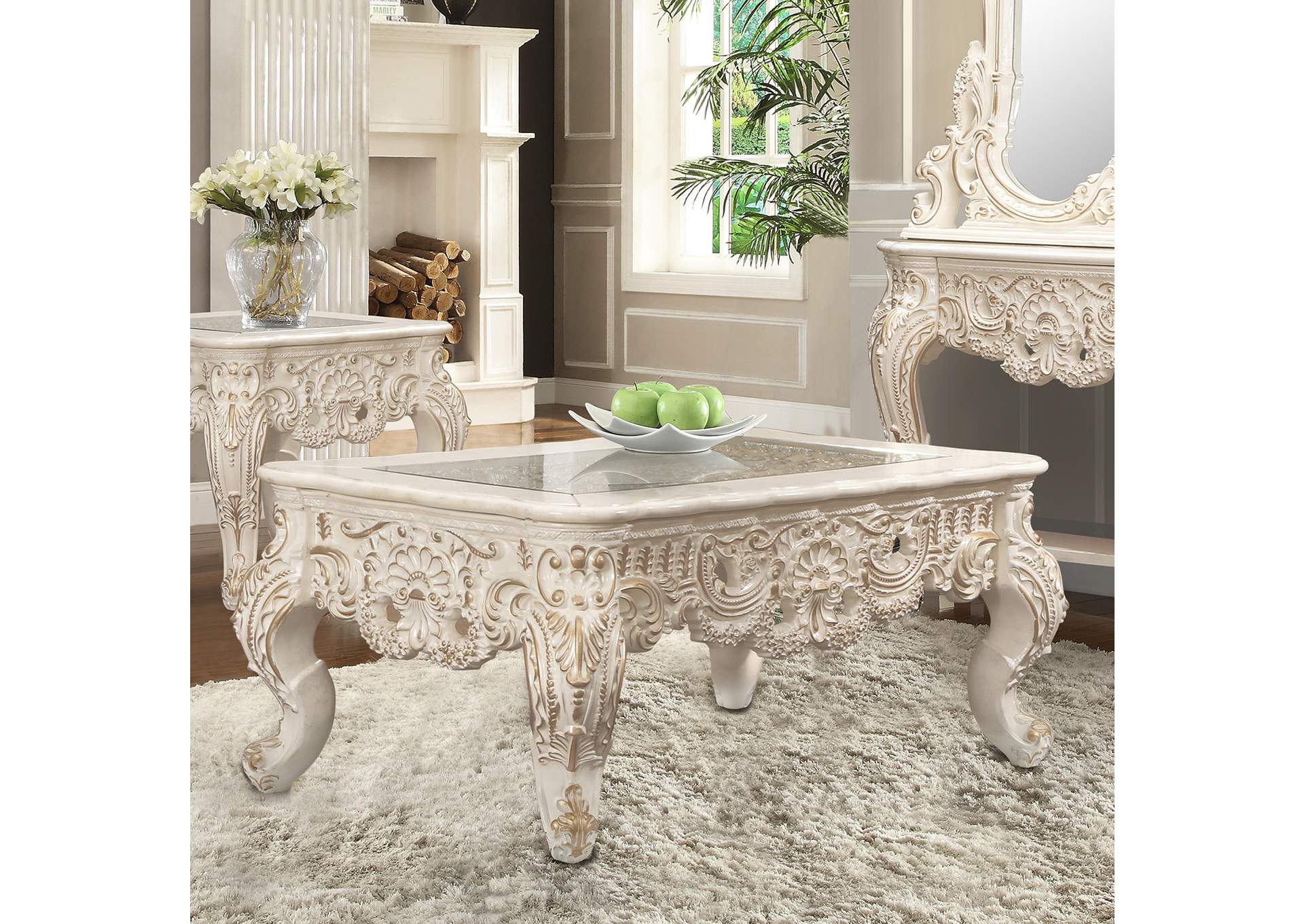 Ivory With Metallic Gold Highlights 3 Piece Coffee Table Set,Homey Design