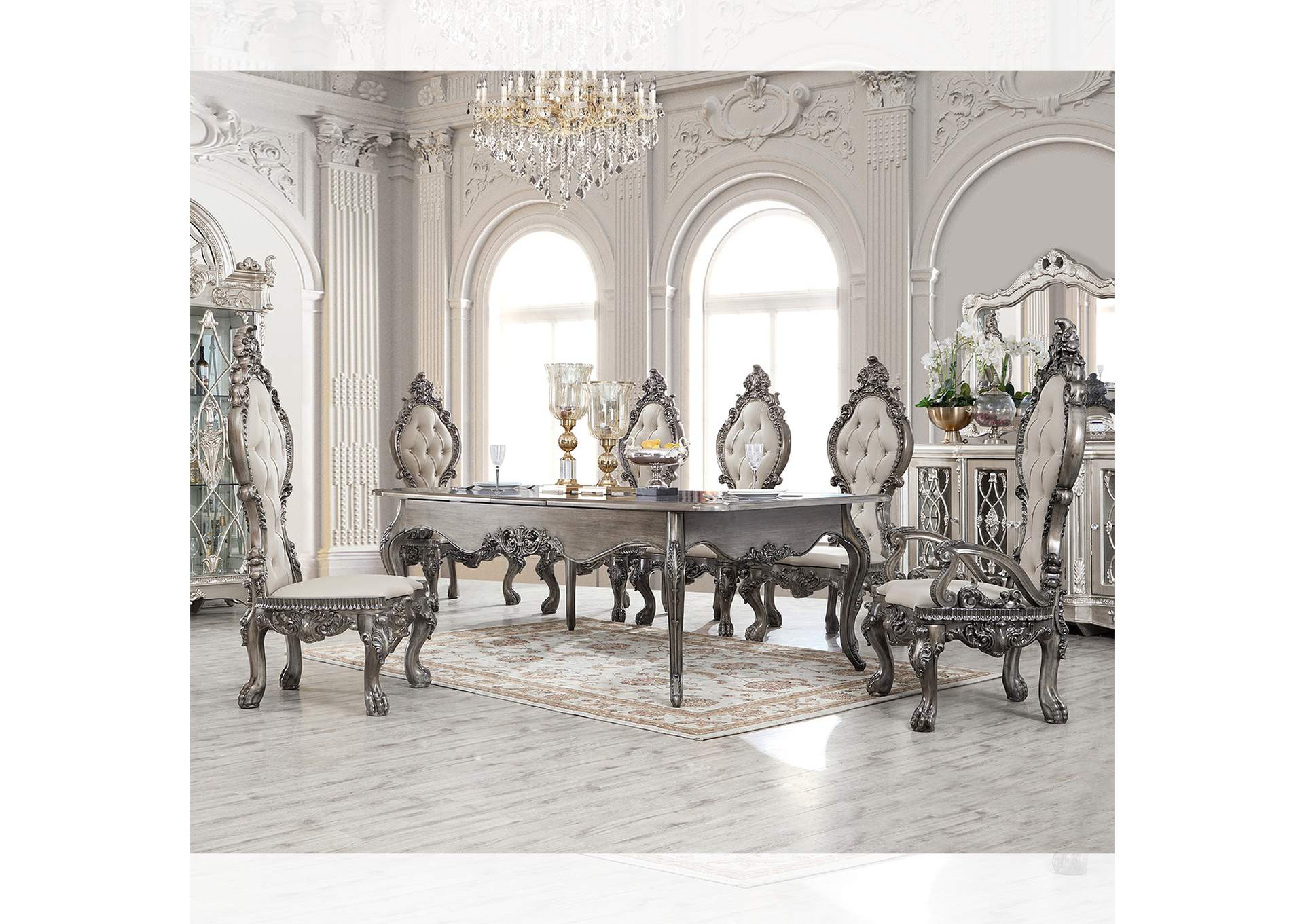 Antiqued Silver Grey Brown 7 Piece Dining Table Set,Homey Design