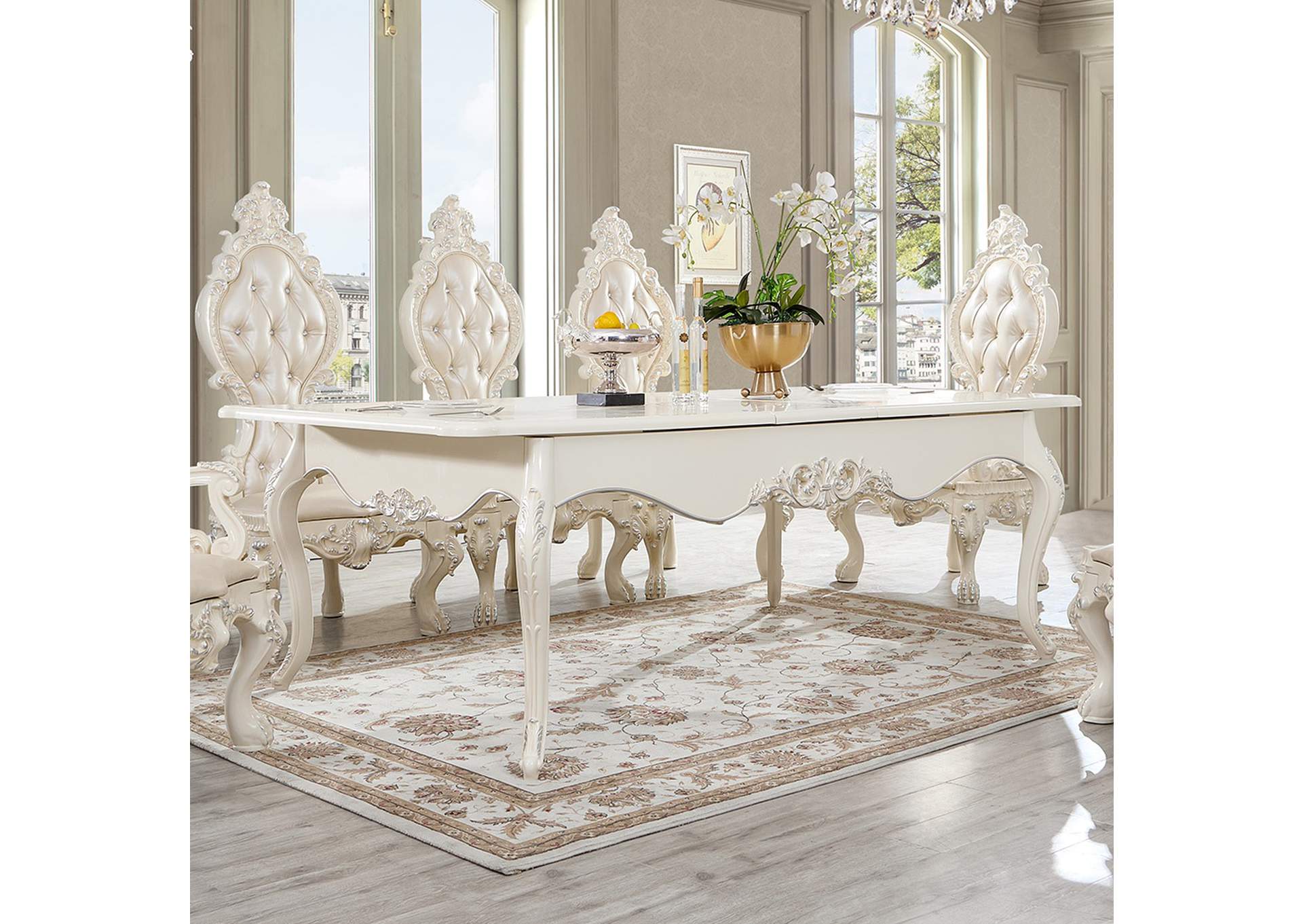 AntiqueWhite + Metallic SilverHghlts Dining Table,Homey Design