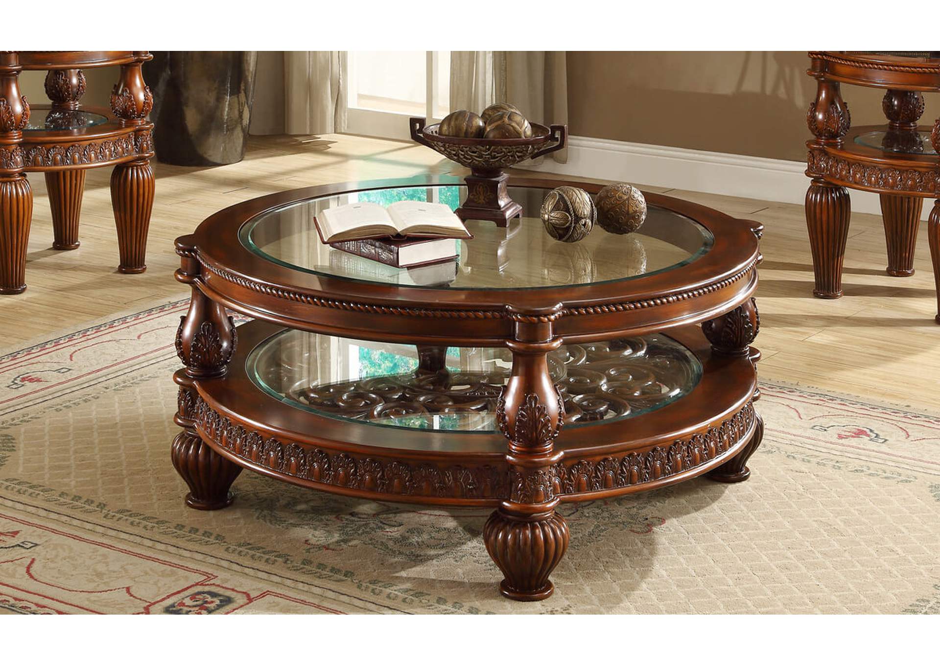 Dark Mahogany Glass Inlaid Two-Tiered Coffee Table,Homey Design