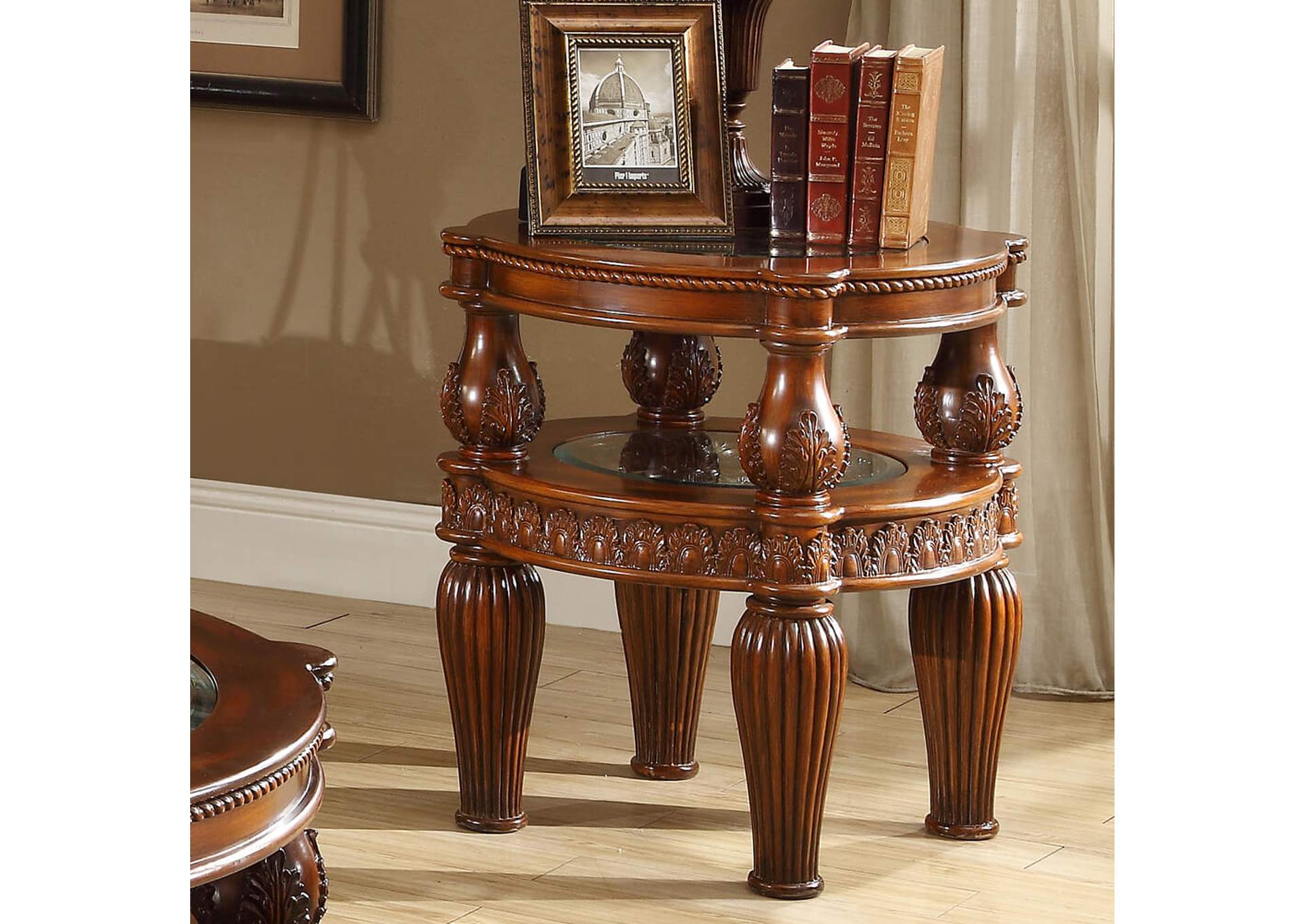 Dark Mahogany Glass Inlaid Two-Tiered End Table,Homey Design