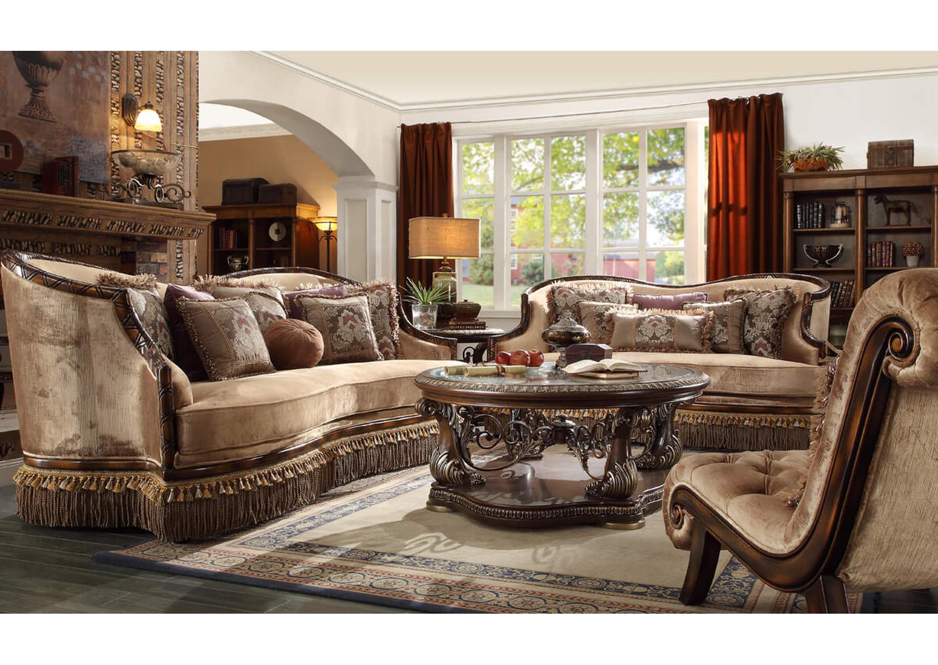 Dark Red Mahogany & Antique Gold Loveseat,Homey Design