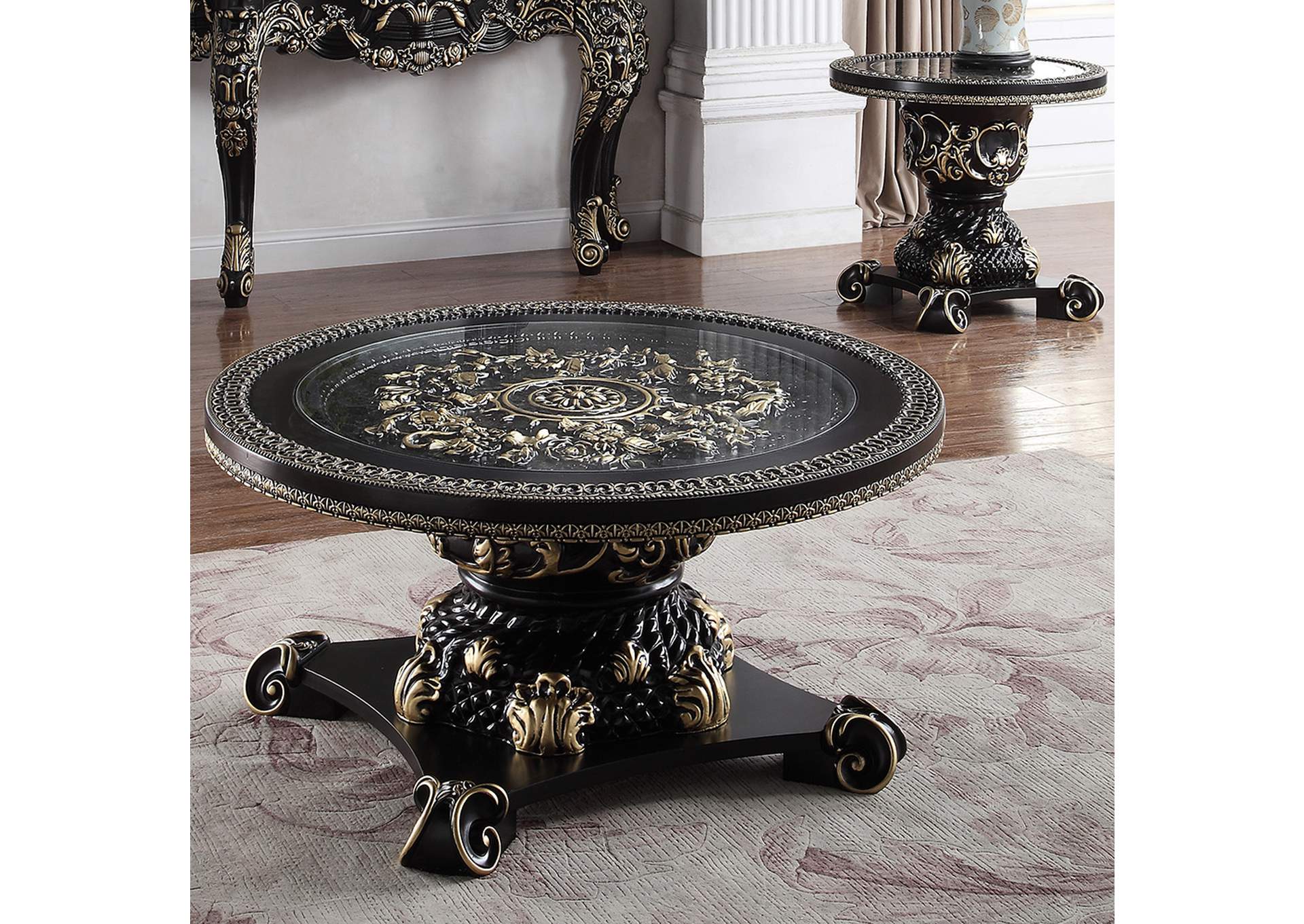 Ebony Black King With Antique Gold 3 Piece Coffee Table Set,Homey Design