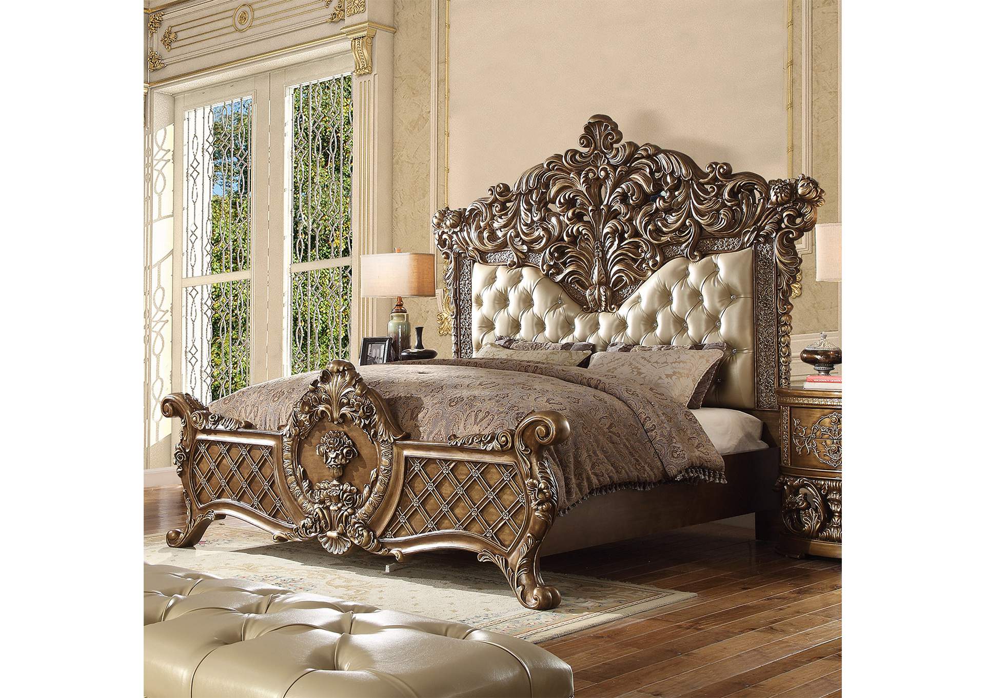 Metallic Antique Gold; Perfect Brown 5 Piece Bedroom Set,Homey Design