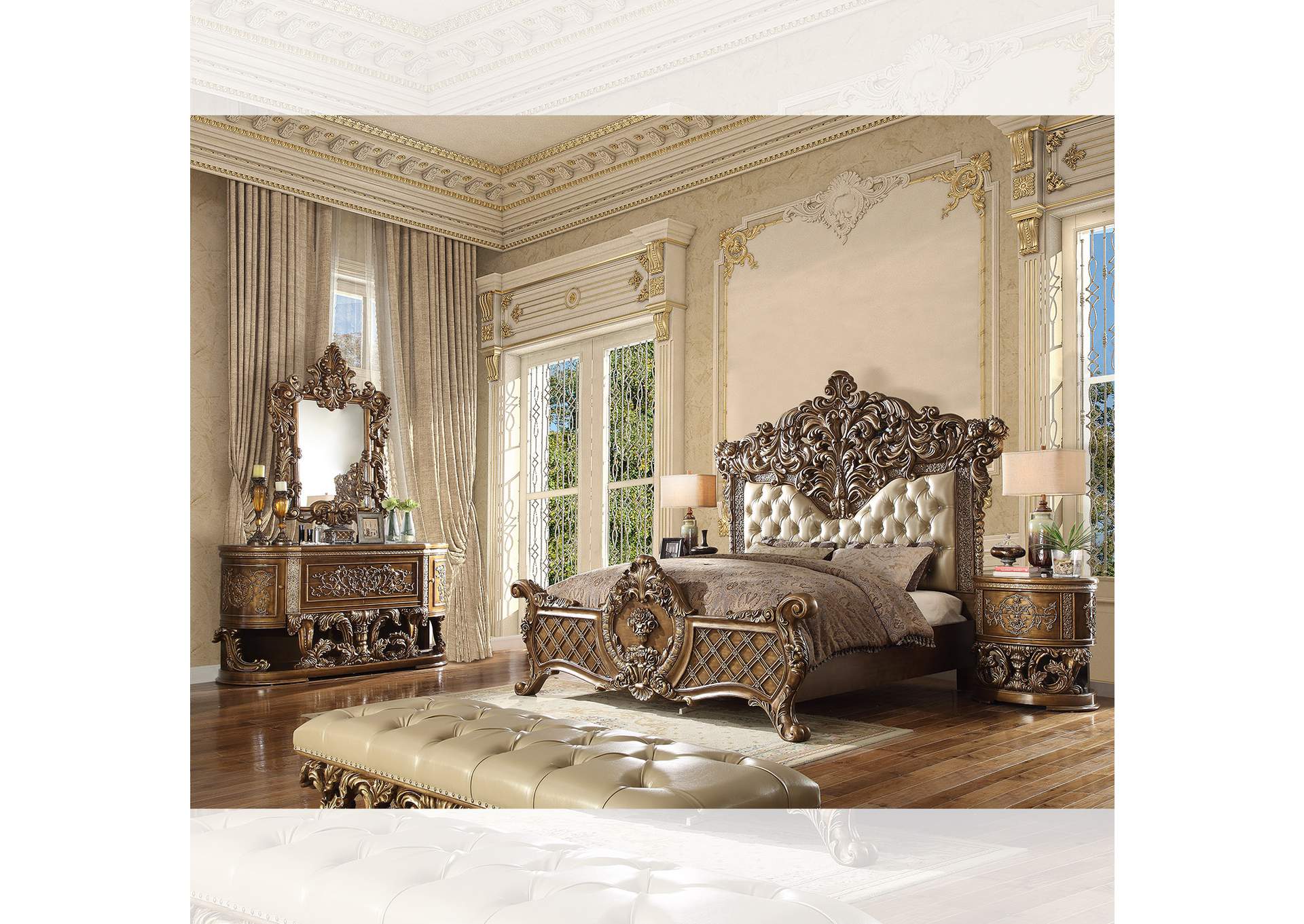 Metallic Antique Gold; Perfect Brown 5 Piece Bedroom Set,Homey Design