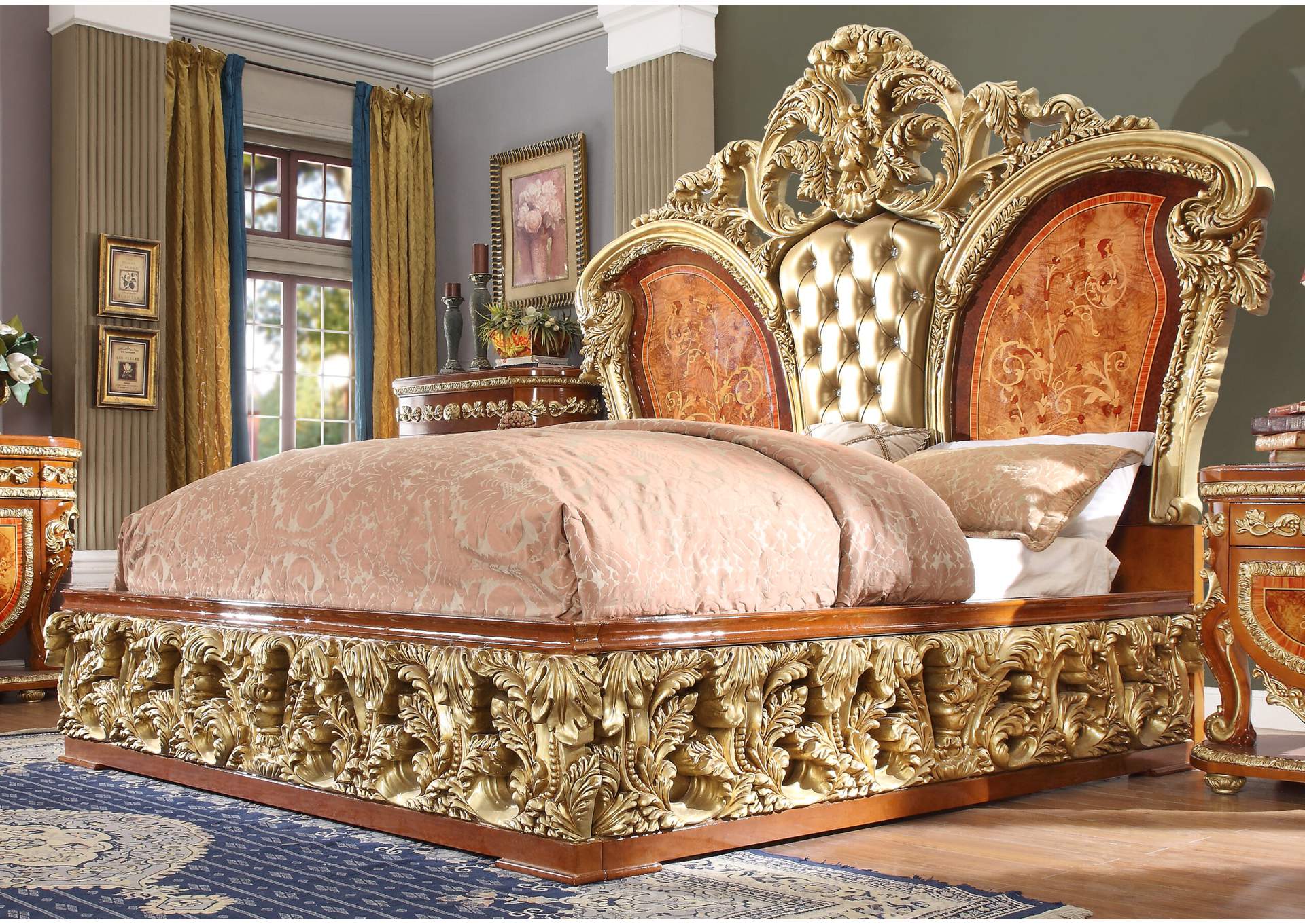 Metallic Bright Gold&Amp; Med Golden Tan California King Bed,Homey Design